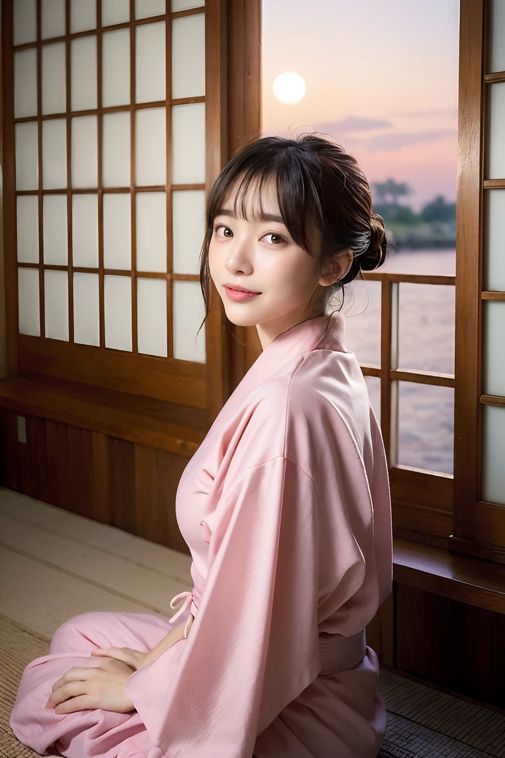 (natta:1.7), East Asian Architecture, 1womanl,Sitting on tatami mats, brunette color hair,(hair between eye), Lip flap, ,Beautiful fingers,Beautiful long legs,Beauty Body,Cute nose,Beautiful character design,perfect eyes,face perfect,looking at viewert,(Innocent_Big_Eyes:1.0),(light_Smile:0.3),offcial art,Very detailed CG Unity 8K wallpaper,Perfect litthing,highly colorful,Bright_front_Face_Lighting,(tmasterpiece:1.0),(best_quality:1.0), 超A high resolution, nffsw, hight resolution, absurderes:1.2, Kodak Portra 400, film grains, the background is blurred, Bokeh:1.2, Lens Flare Glow, ( Vibrant_Color:1.2) (Beautiful,Large_breasts:1.4), (Beautiful_Face:1.5),(narrow_waist-up),8K,Raw photo, 、Relax at a ryokan in Japan、The background is the open-air bath at night at a hot spring inn (Girls are not subjects:1.3) (Hair after a bath:1.3),(Hair is wet:1.3) ((Girls are not subjects:1.2)),(((Yukata does not need gloss at all:1.5))),((No need for a Korean yukata or Korean-style hairstyle.:1.5)),((Faithfully and realistically reproduce a pure Japan yukata:1.5))((Light Pink Band:1.3)),((The background is the entrance living room、At night, Overlooking the inn's large and beautiful gardens..:1.3)),((8th class))、((Light Pink Band:1.5)) ((Beautiful straight semi-long:1.5)) sixteen years old、((Beautiful straight semi-long:1.5))((Pink Band))、((The color of the yukata is pink:1.3),(Faithfully and realistically reproduce the obi of a yukata:1.3) ((Faithfully and realistically reproduce a pure Japan yukata:1.5)),((Walking through the corridors of the inn at night:1.3))((Background width and depth:1.3)),Night Hostel There are small lights and flowers in the hallway. (When you open a window, You can see beautiful autumn leaves outside.:1.3) sixteen years old、((Beautiful straight semi-long:1.5))((Window lattices must be large、Faithful and accurate reproduction of Japan windows:1.5))((When you open a window、You can watch a beautiful sunset.)) ((Faithfully reproduces the dark pink yukata obi:1.
