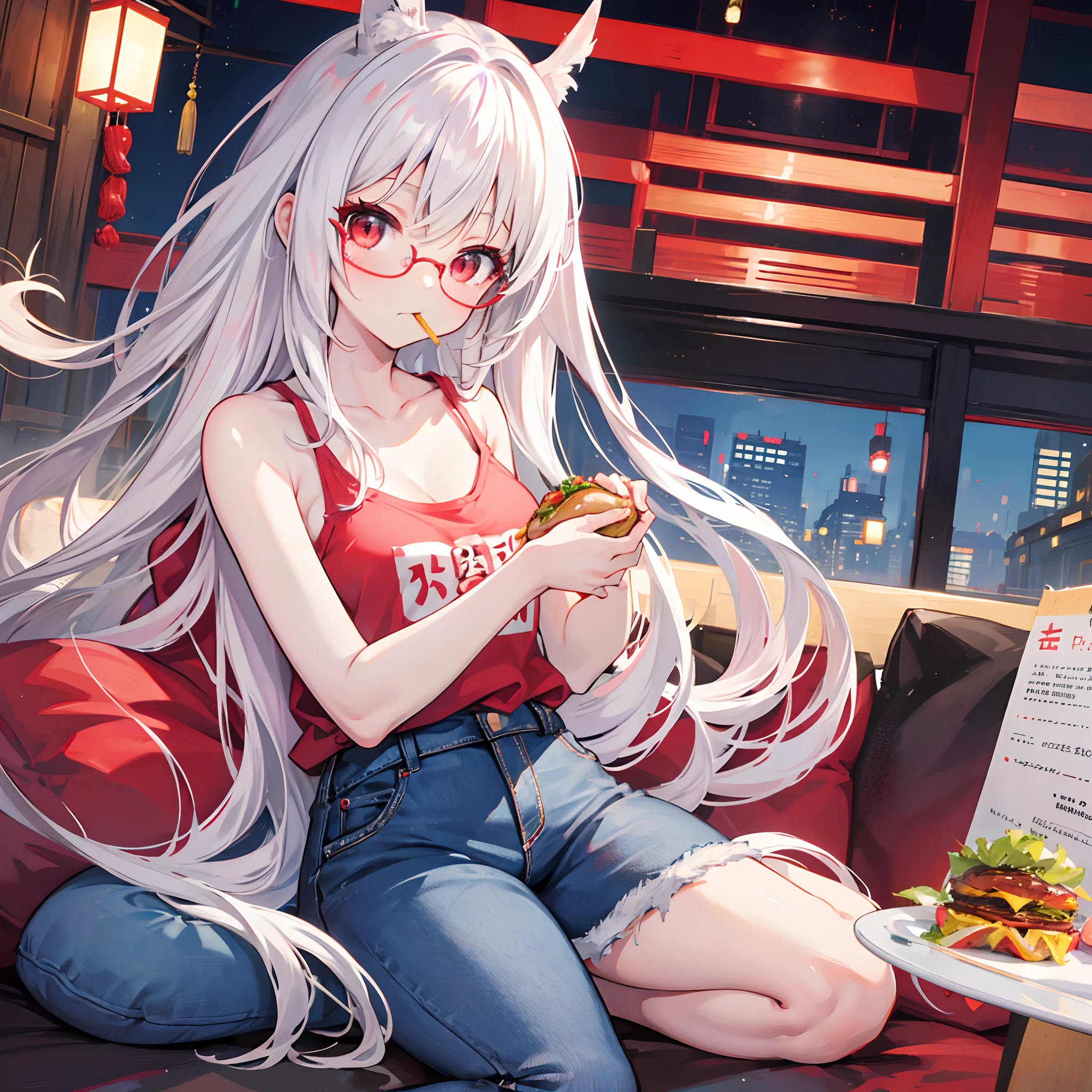 Anime, cute girl, japanese, ite, long white hair, ruby red eyes, kaguya, glasses, tank top, denim shots, single person, eating burger