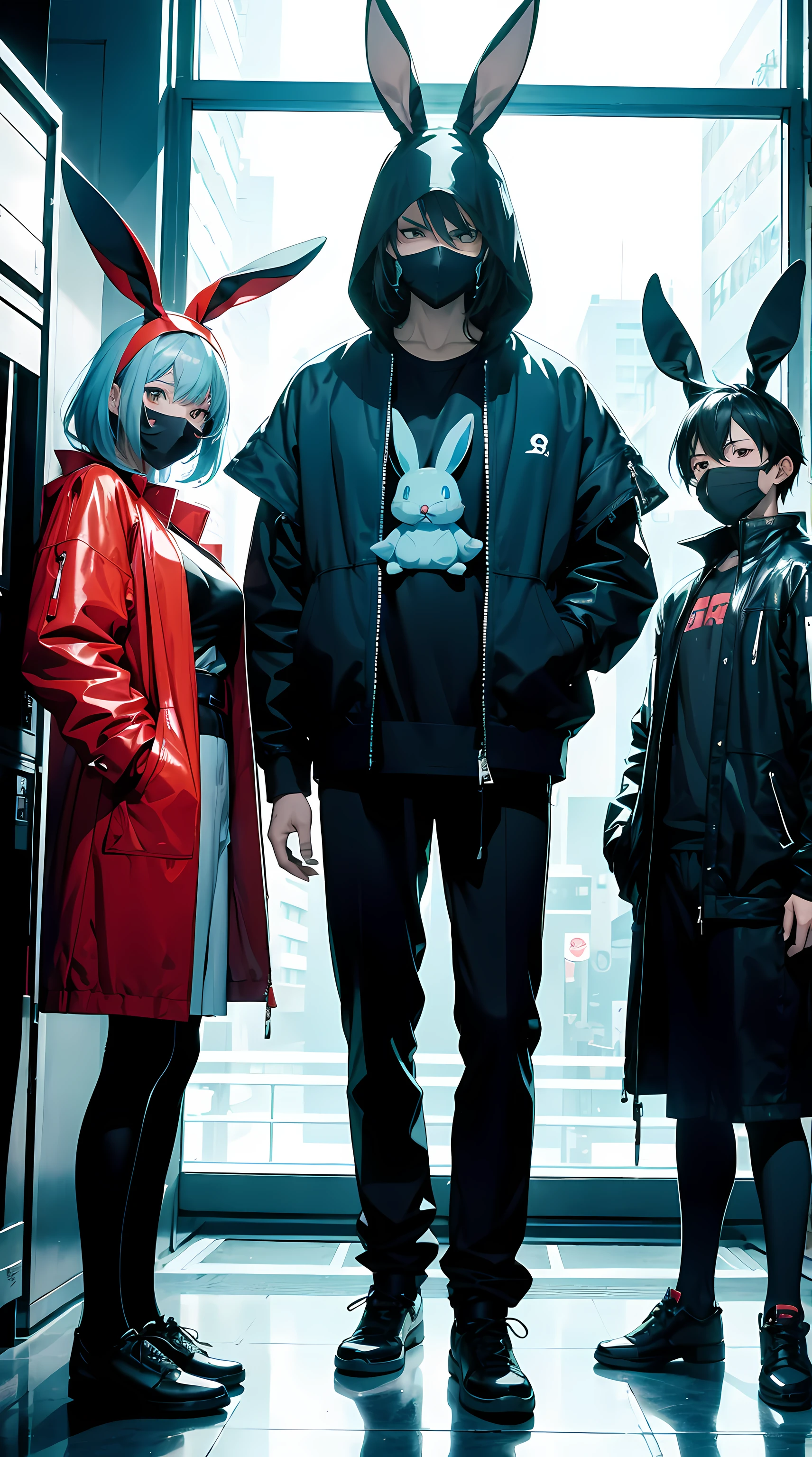 (((male characters))), three handsome strong rugged shonen anime men and one blue rabbit, the rabbit is a character, (((uncluttered))), clean lines, clean simple production cel art, (((80s cel anime aesthetic))), (((90s cel anime aesthetic))), three occult investigators, brown-haired van helsing man in black leather trenchcoat and black fedora with a magic blue rabbit sitting on shoulder on the left, (((Cute blue rabbit on shoulder))), a rugged strong black-cloaked assassin man in the middle (((dangerous strong assassin man))), a black-clad ninja man on the right (((powerful ninja man))), three men dressed in black leather and masks standing in a room, modern cyberpunk anime, digital cyberpunk anime art, anime cyberpunk art, style of ghibli, mashirow and tezuka, occult cyberpunk anime art, anime cyberpunk, digital cyberpunk anime!!, official fanart, digital cyberpunk - anime art, cyberpunk, there are three people dressed up in crimefighting outfits standing in a room, 1 9 8 0's, 1980's, vigilantes, 35mm 1990, 1990's, 1 9 9 0's