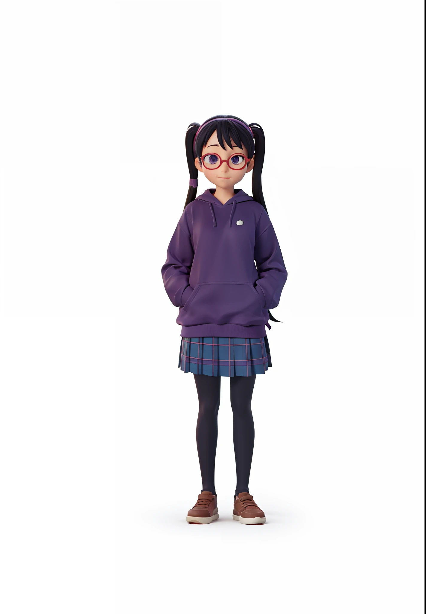 anime character with glasses and a purple shirt and plaid skirt, anime visual of a cute girl, nagatoro, full_body!!, anime visual of a young woman, official anime still, anime full body illustration, anime moe artstyle, hinata hyuga, single character full body, full body!!, official studio anime still, anime best girl, 3d render, 3d cartoon, octane render,