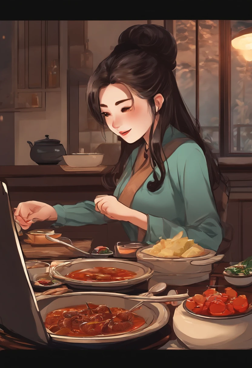 A girl is eating hot pot,Her husband plays games in front of the computer,It's evening
