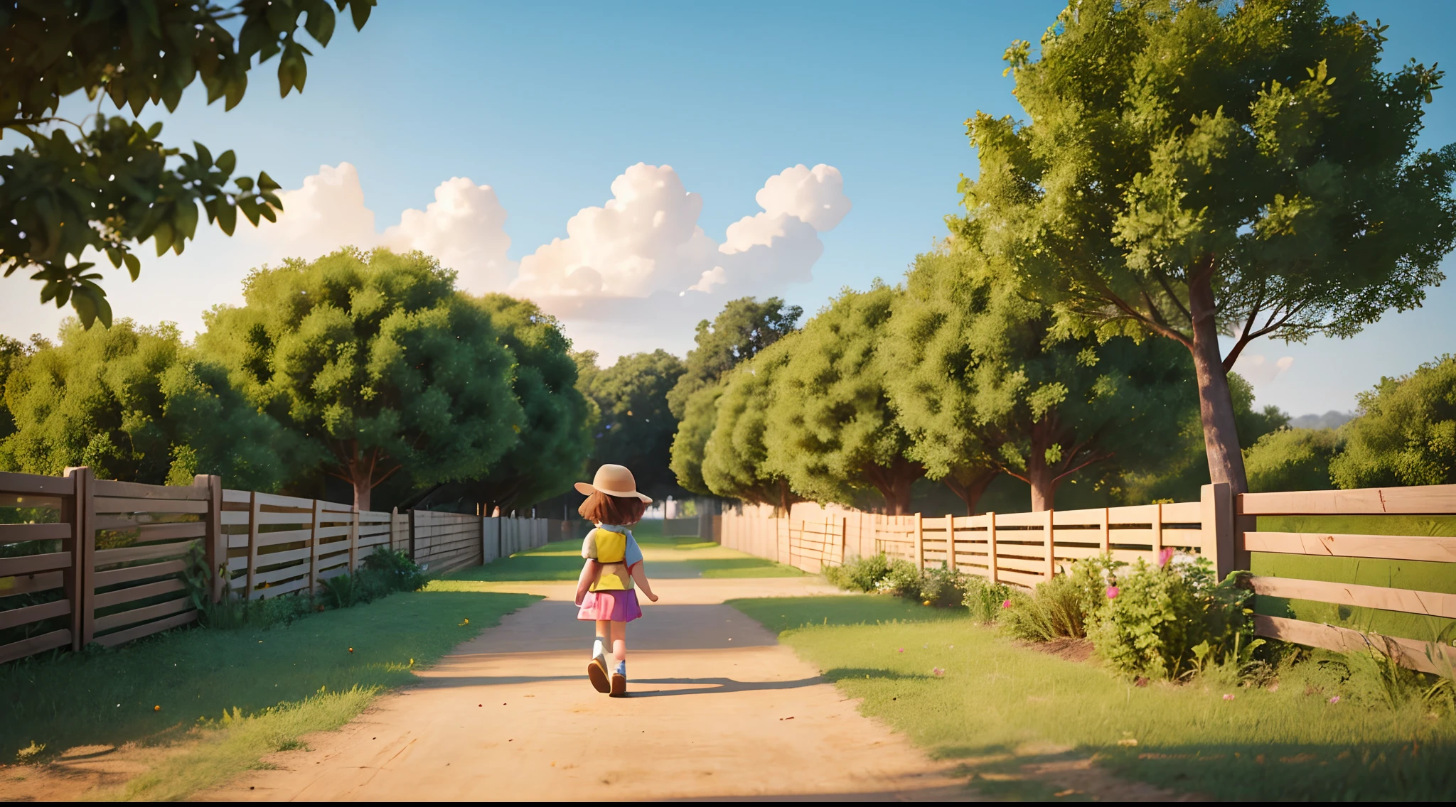 playful scene of a 4-year-old girl walking on a farm, cute animals, wooden fence, colorful trees, colorful plants, minimalist image, cinematic lighting, high definition, Disney 3D drawing style.