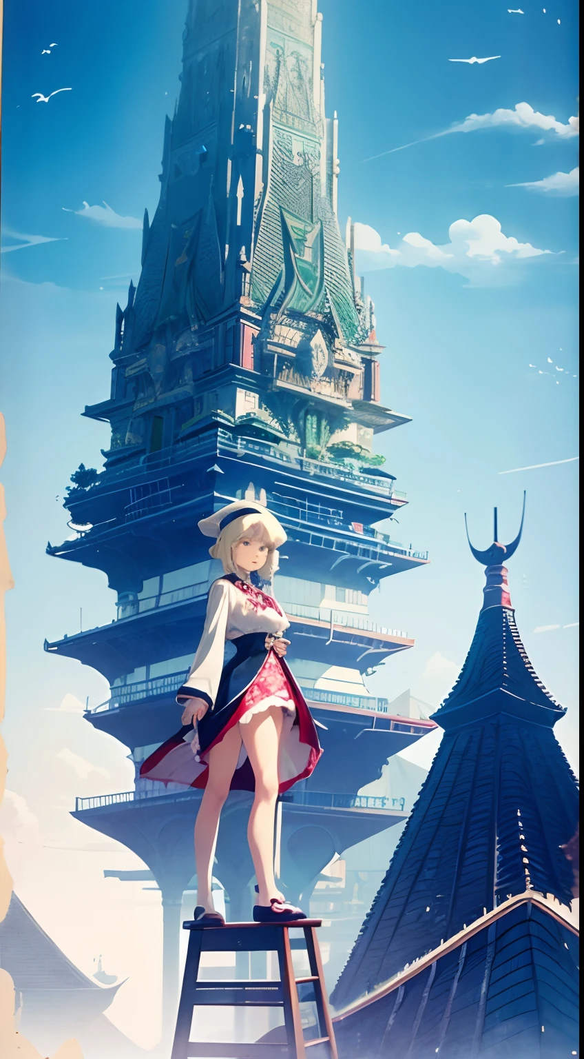 Margaret Tarrant, Mary Blair, Eyvind Earle, Japanese Anime, Surreal Mysterious Weird Fantastic Sci-Fi Fantasy, A giant pudding parfait as tall as a building, a miniskirt high school girl is climbing into the parfait using a ladder, beautiful perfect body, she likes sweets, masterpiece detailed
