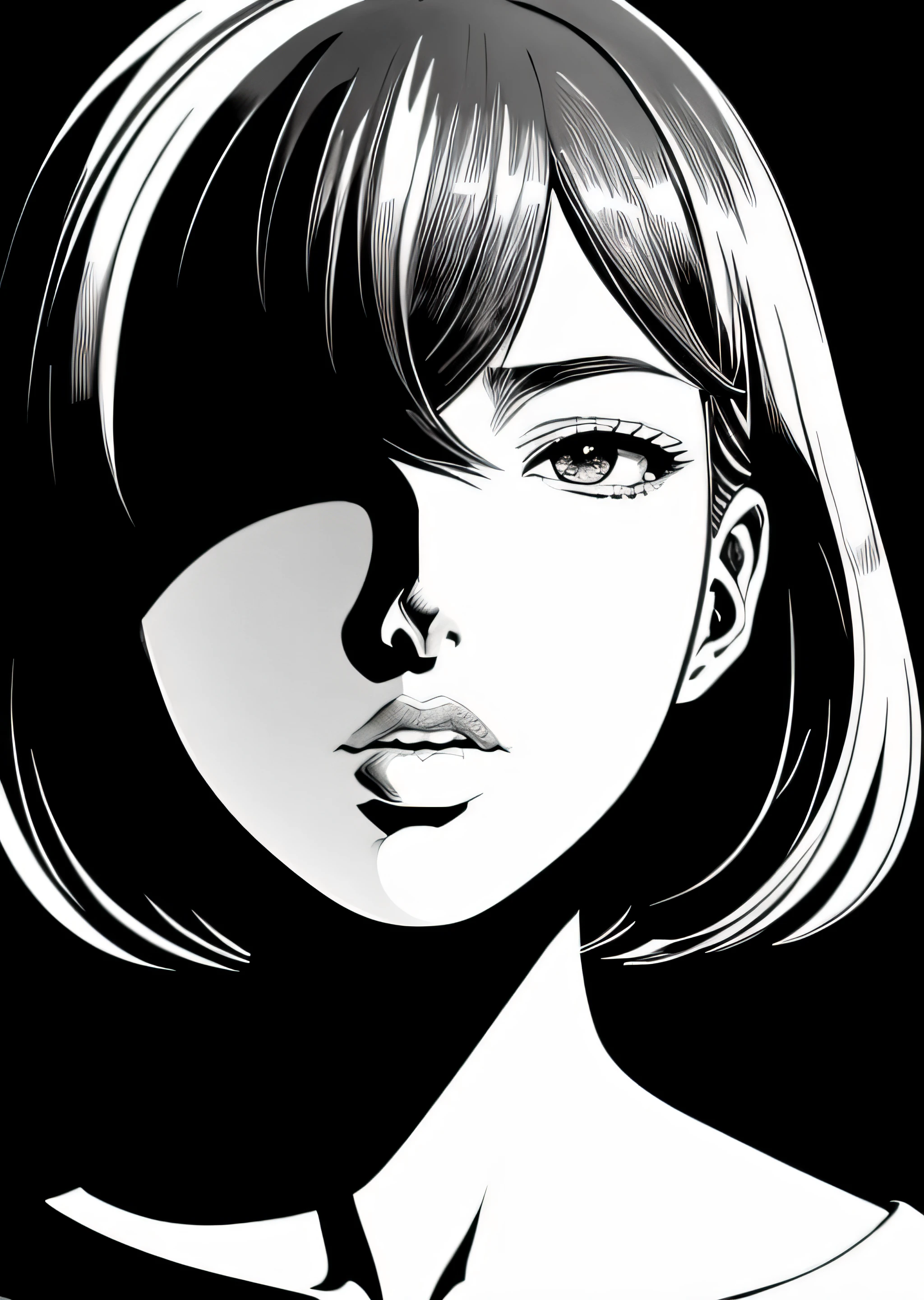 1girl, solo, monochrome, greyscale, bob cut, short hair, portrait, black turtleneck, closed mouth, bangs, from below, looking up, blunt bangs, sketch, graphite, hatching, realistic, detailed, high contrast, chiaroscuro, dramatic lighting, moody atmosphere, contemplative expression