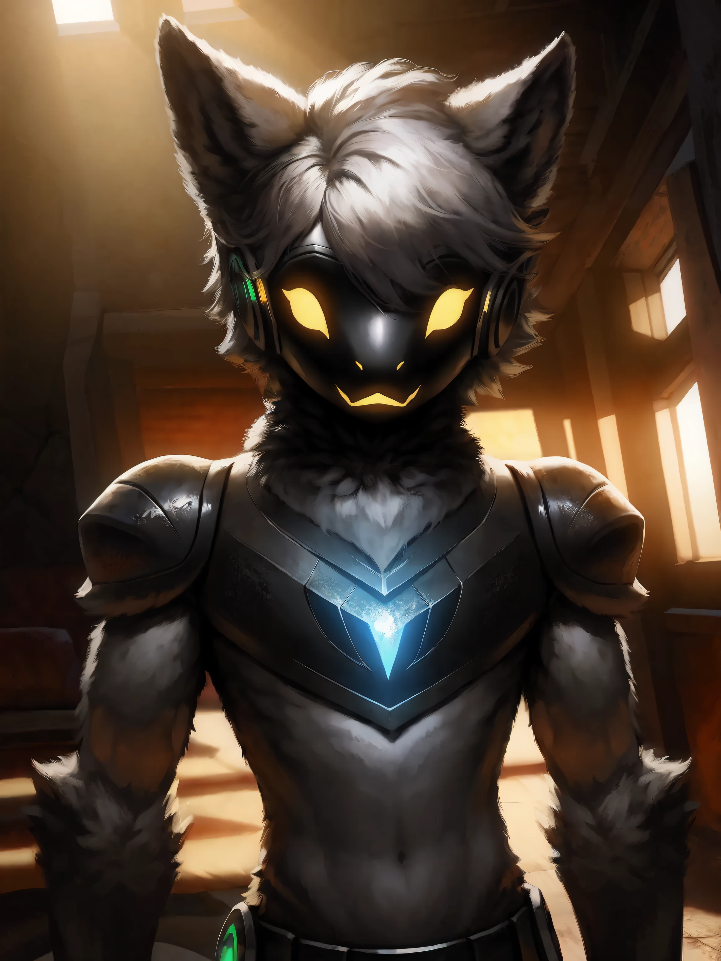 (Front focus), (During the day:1.6), protogen, furry，photograph realistic, Dynamic lighting, voluminetric lighting, 4 k'', 1girll, deepshadow, low tune, (Raised sexy), White hair，barechested，Nero,yellow,Black-gray color scheme，chest plate