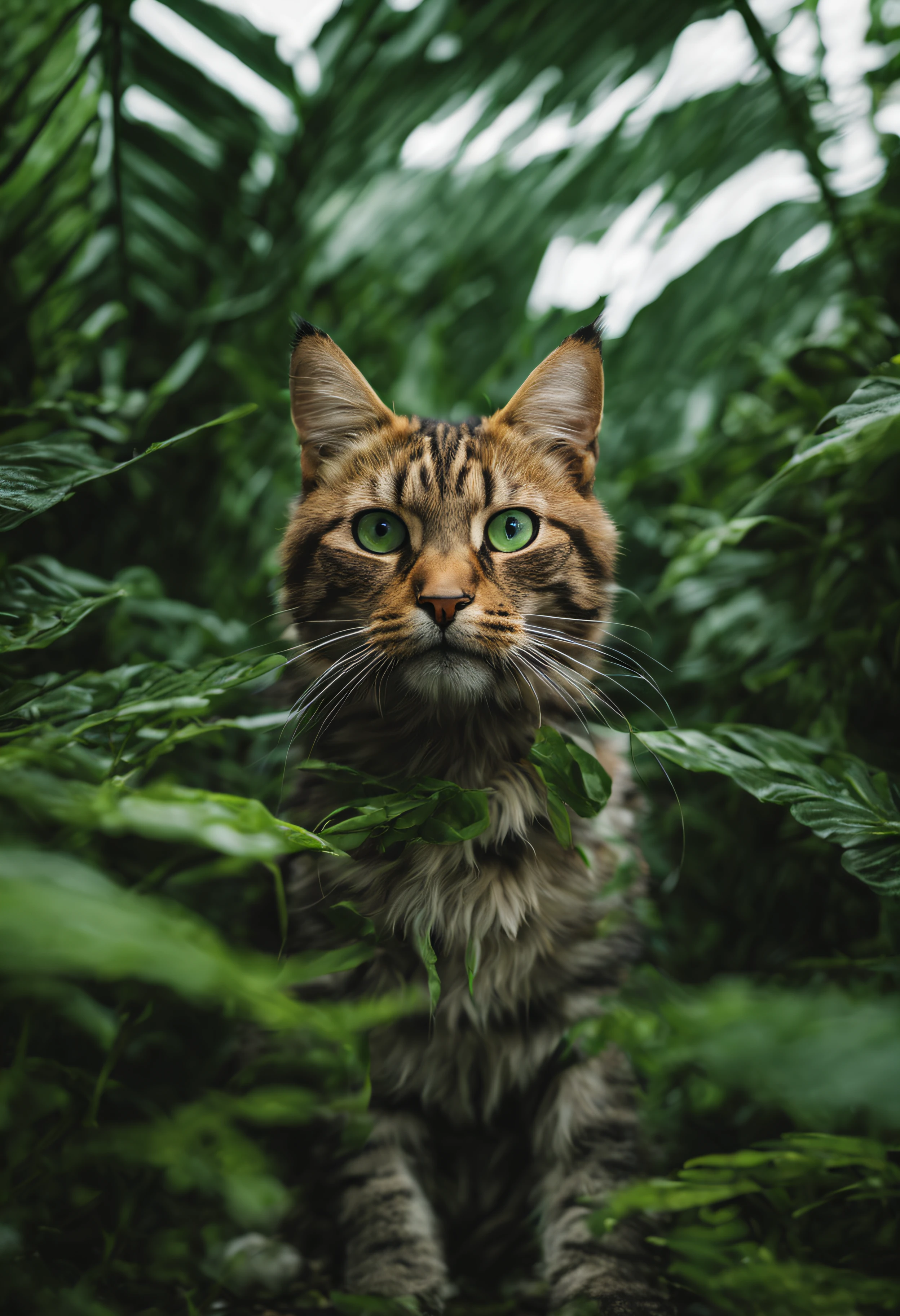 High nation-geographic symmetrical close-up portrait shoot in green jungle of an expressive cat Animal , anamorphic lens, ultra-realistic, hyper-detailed, green-core, jungle-core –ar 16:9 –q 2 –v 5
