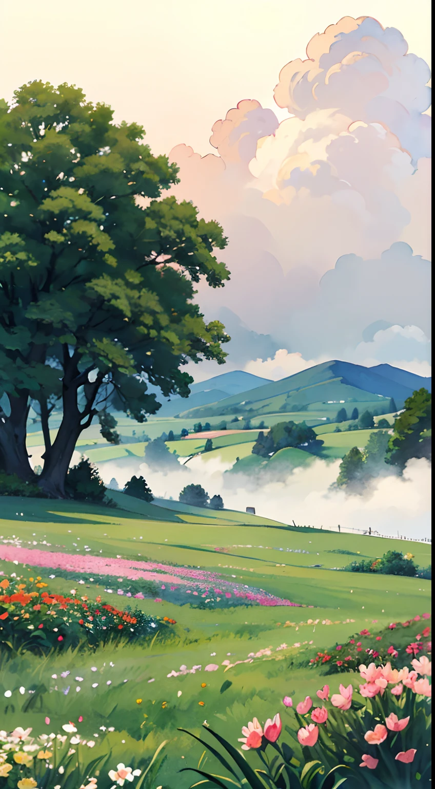 (Watercolor in Sargent style)、(top-quality、masterpiece)、Soft light、Burford's village painted on a foggy morning、、Create an ethereal scene in a calm morning misty meadow。Draw delicate and blurry brushwork、Capture the elusive nature of fog、Enhance the serene atmosphere of the countryside、place々flower bloom、