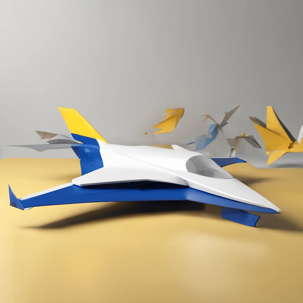 (a jet paper plane stay in desk, white background), yellow color, grey color, navy-blue color, white color, simple lightning & shadow, top-side view