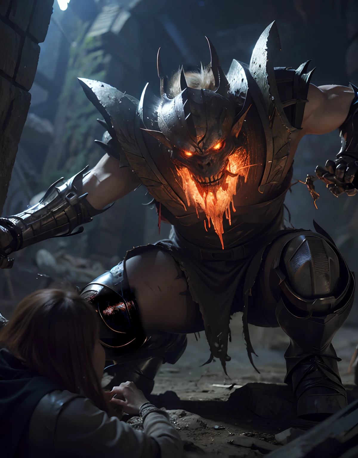 (One Knight Girl)、top-quality、masterpiece、超A high resolution、(Photorealsitic:1.4)、Raw photo、女の子1人、Fight mutants、(Wear the Dark Knight's Armor)、glowy skin、(((Dark Fantasy)))、With a beautiful sword and shield、(Black Metal Bodysuit)、(Fight goblins、ogre、Fierce battle with orcs),(Fight fiercely against aliens)、Fight fiercely、(Skeleton collective background),(Background of decaying dungeon ruins)、(Skeleton helmet)、(Fighting Demonic Beasts)、(Small LED)、((super realistic details))、portlate、(Strong giant demon beast background),globalillumination、Shadow、octan render、8K、ultrasharp、Colossal tits、Raw skin is exposed in cleavage、metals、Details of complex ornaments、Japan details、highly intricate detail、Realistic light、(Mystical expression),CGSoation Trends、Red Eyes、radiant eyes、Facing the camera、neon details、(Mechanical limbs)、(blood vessels connected to tubes)、()、Gundam、Small LED、Toostock、(Fight aliens on another planet)、(Attack of the Monster Beasts)、(Wounded in a deadly battle)、
