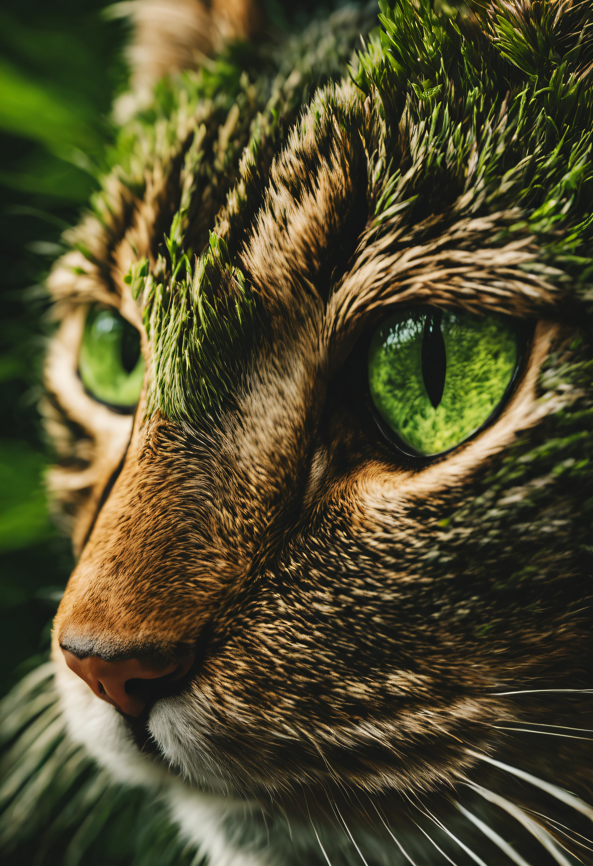 High nation-geographic symmetrical close-up portrait shoot in green jungle of an expressive cat Animal , anamorphic lens, ultra-realistic, hyper-detailed, green-core, jungle-core –ar 16:9 –q 2 –v 5