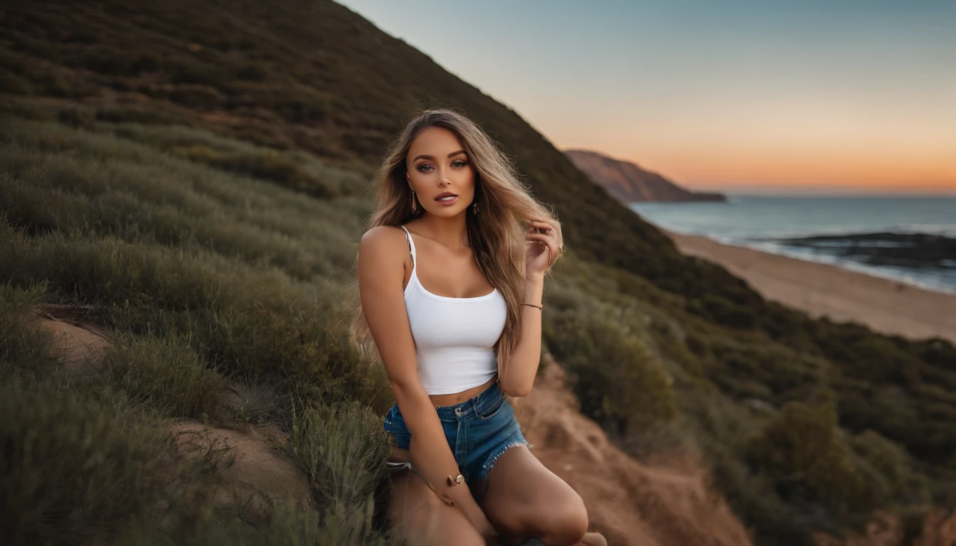Woman in white tank top and ripped jeans, Sexy girl with blue eyes, Portrait of Sophie Mudd, Portrait of Korina Cope, Blonde hair and big eyes, Selfie of a young woman, The Eye of Club Violet Myers, Make your own makeup, natural makeup, Look straight into the camera, Faces with artgrams, Subtle makeup, Amazing full-body shots