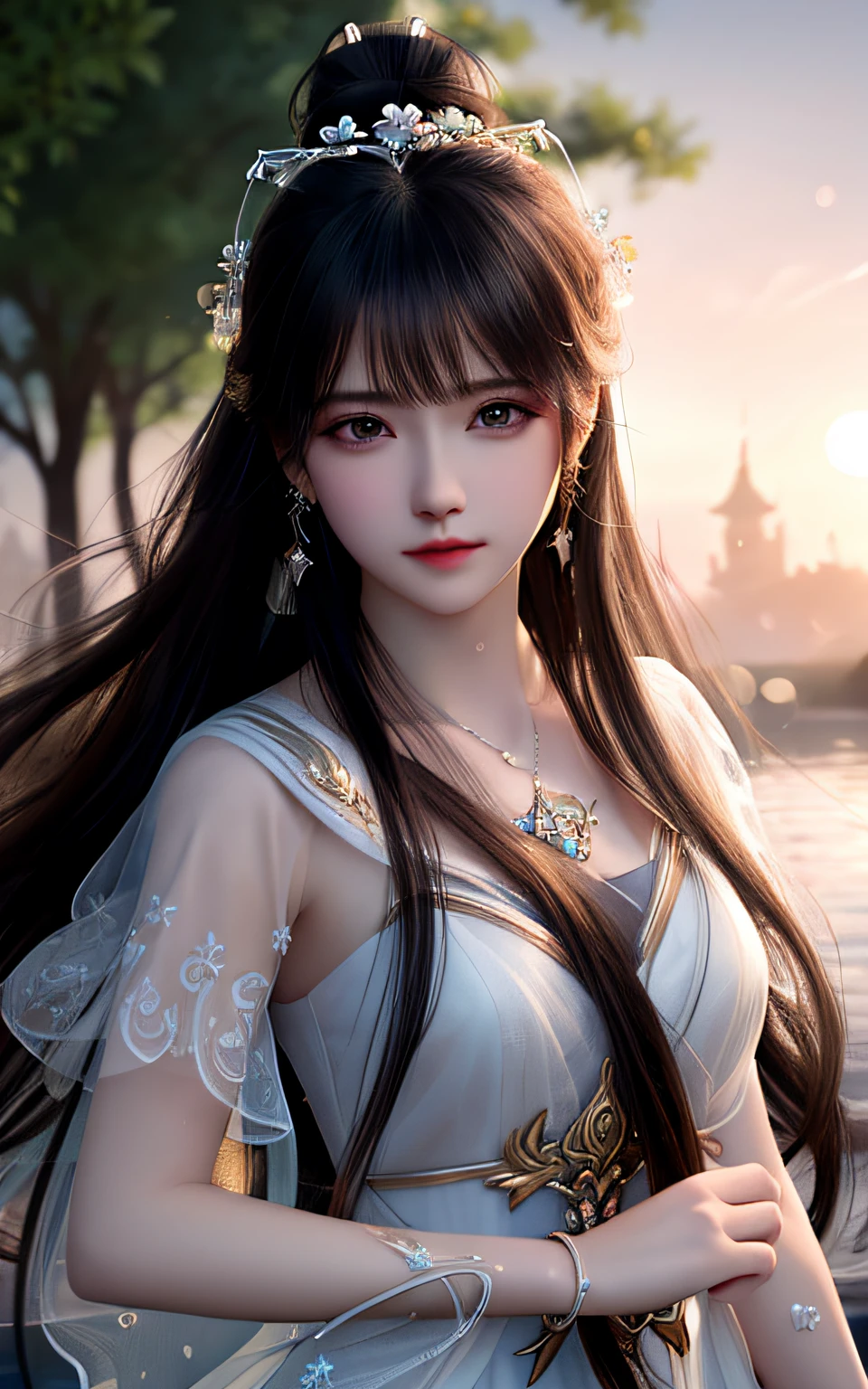 ultra realistic 8k cg, picture-perfect face, flawless, clean, masterpiece, professional artwork, famous artwork, cinematic lighting, cinematic bloom, perfect face, beautiful face, fantasy, dreamlike, unreal, science fiction,  beautiful clothes, lace, lace trim, lace-trimmed legwear,  (rich:1.4), prestige, luxury, jewelry, diamond, gold, pearl, gem, sapphire, ruby, emerald, intricate detail, delicate pattern, charming, alluring, seductive, erotic, enchanting, hair ornament, necklace, earrings, bracelet, armlet,halo
((,1girl, ,))(((,,,, , 1girl, , solo, cherry blossoms,sakuramon,looking at viewer, , see-through,see-through sleeves, ,   )))((jewelry, 1girl, necklace, earrings, solo, braid, hair_ornament, brown_eyes,upper body, ))  <lora:DA_YingMo:0.6>