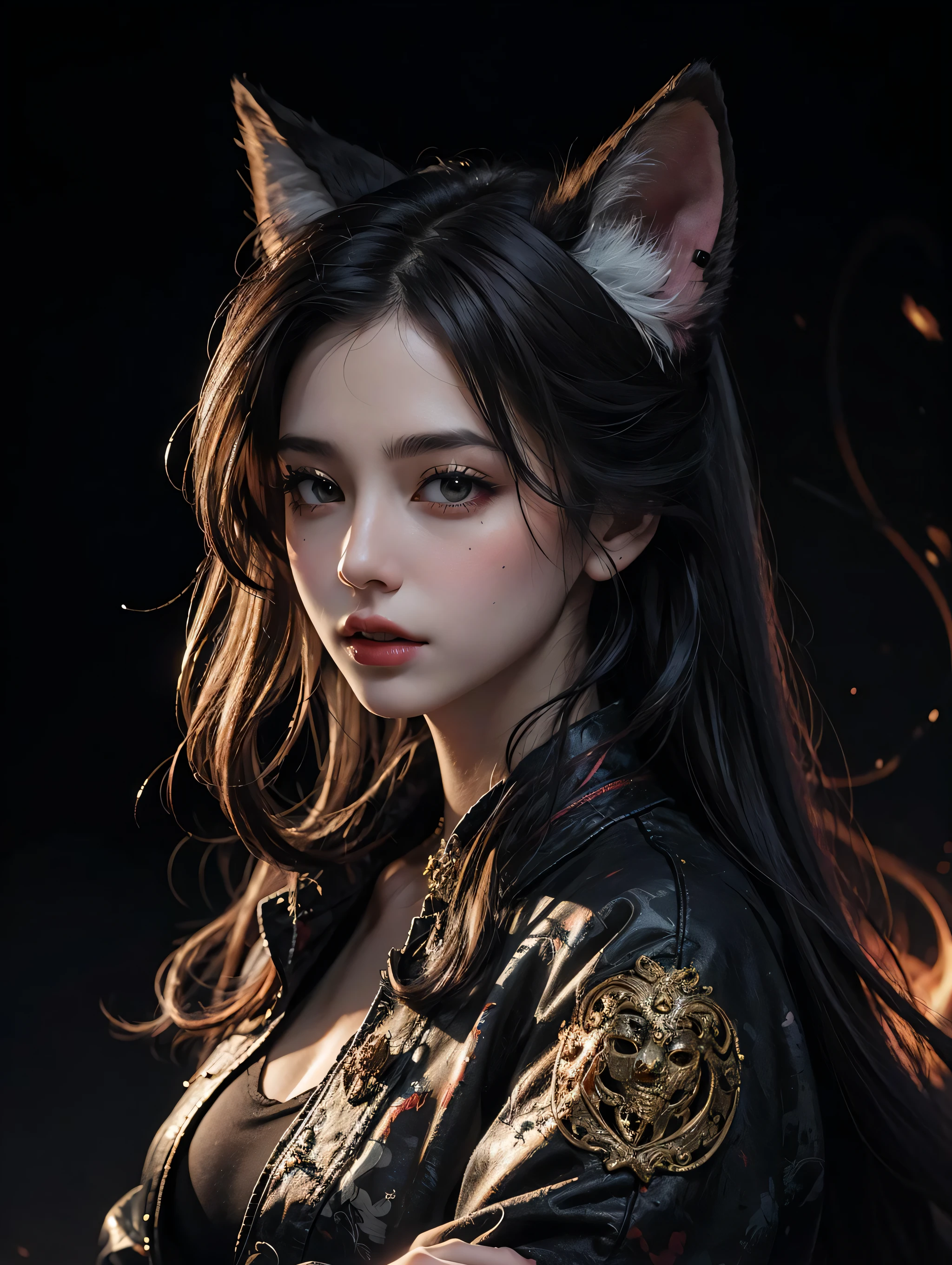 1girl, solo, official art, unity 8k wallpaper, ultra detailed, beautiful and aesthetic, masterpiece, best quality, photorealistic, (abstract background:1.5) (zentangle, mandala, tangle, entangle:0.7) Kitsune witch, fox mask, haori jacket, foxfire spell, fox familiar, transformation, depth of field, Fantastical Atmosphere, the most beautiful form of chaos, elegant, a brutalist designed dark theme, flower of death, ecstasy of flower