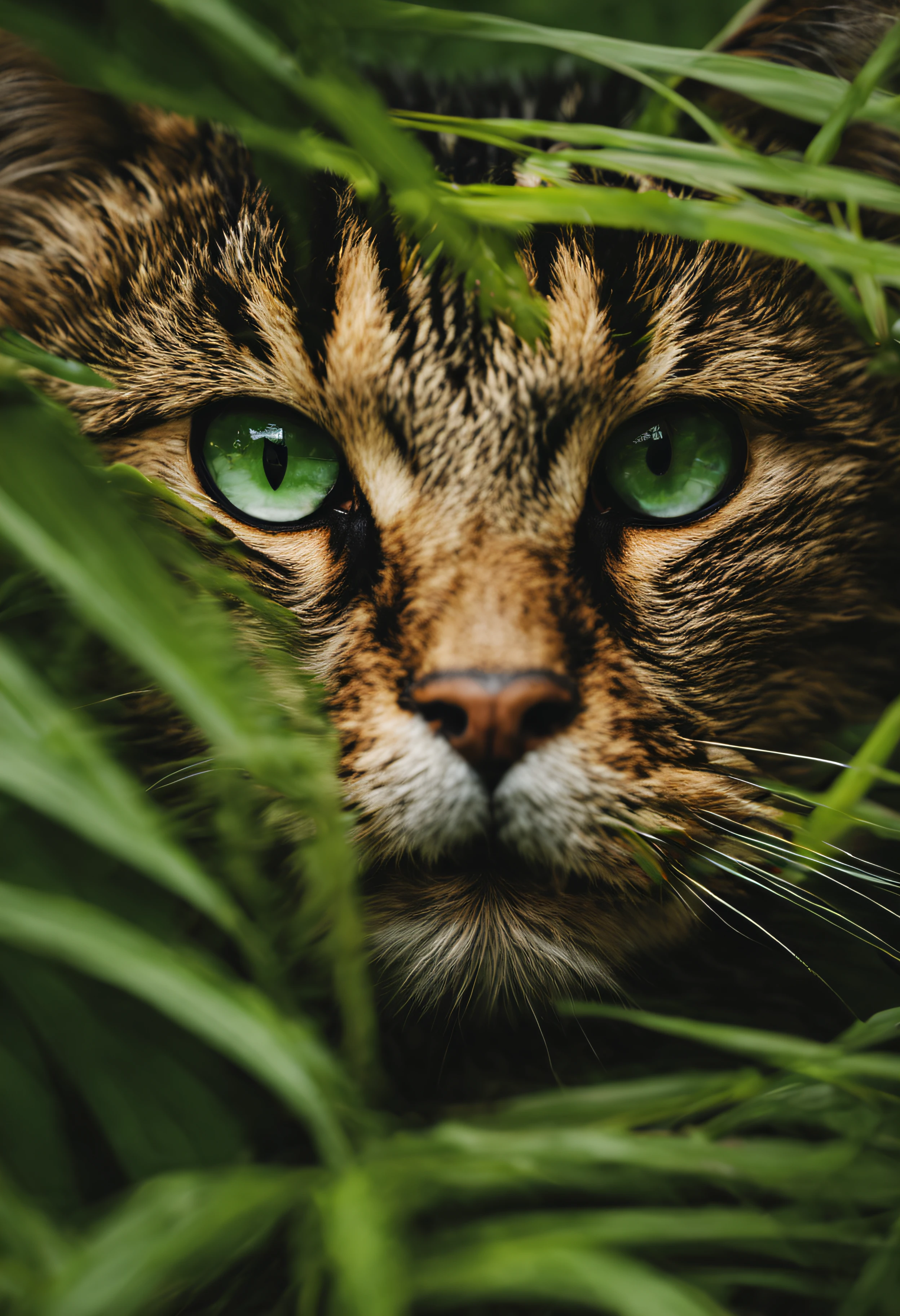 High nation-geographic symmetrical close-up portrait shoot in green jungle of an expressive cat Animal , anamorphic lens, ultra-realistic, hyper-detailed, green-core, jungle-core –ar 16:9 –q 2 –v 5