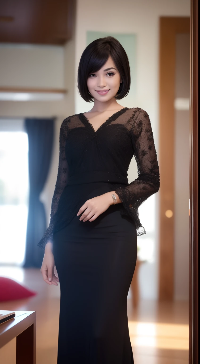 Malay girl, long black hair, shaggy bob hair with bangs, wear black baju kebaya, laughing and posing with hand on hip, front view, windy, detail skin, age spot, detail skin texture, mole below eyes, small breast, flat chest, wide hips, small waists, thick thighs, slim abs, beautiful body, nighttime, laughing, happy, bright lighting, living room, blur background, bokeh,