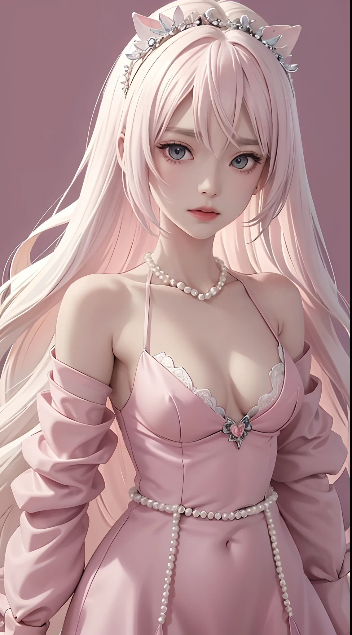 animemanga girl,long whitr hair,Pink dress,Butterfly headdress,耳Nipple Ring,pearls necklace,Pearl bracelet,dreamy background,style of anime,best qualtiy,super detailing,Good atmosphere,delicated,cg render,detail render,(Delicate facial portrayal)(Fine hair portrayal)(highest quality)(Master masterpieces)(High degree of completion)(a sense of atmosphere)8k wallpaper,tmasterpiece,ultra - detailed(half-body portrait)