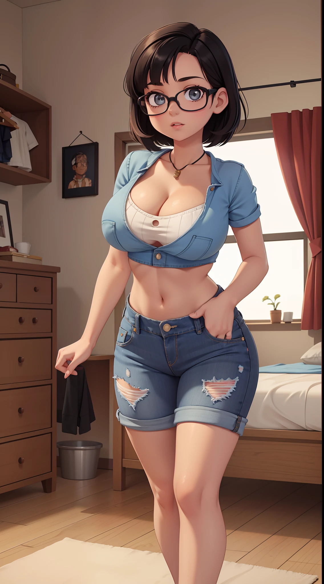 1girll， Large breasts，cleavage， big cuvy hips， Crop top shirt， Bedrooms， eye glass，with short black hair，Young，denim short，Barefoot