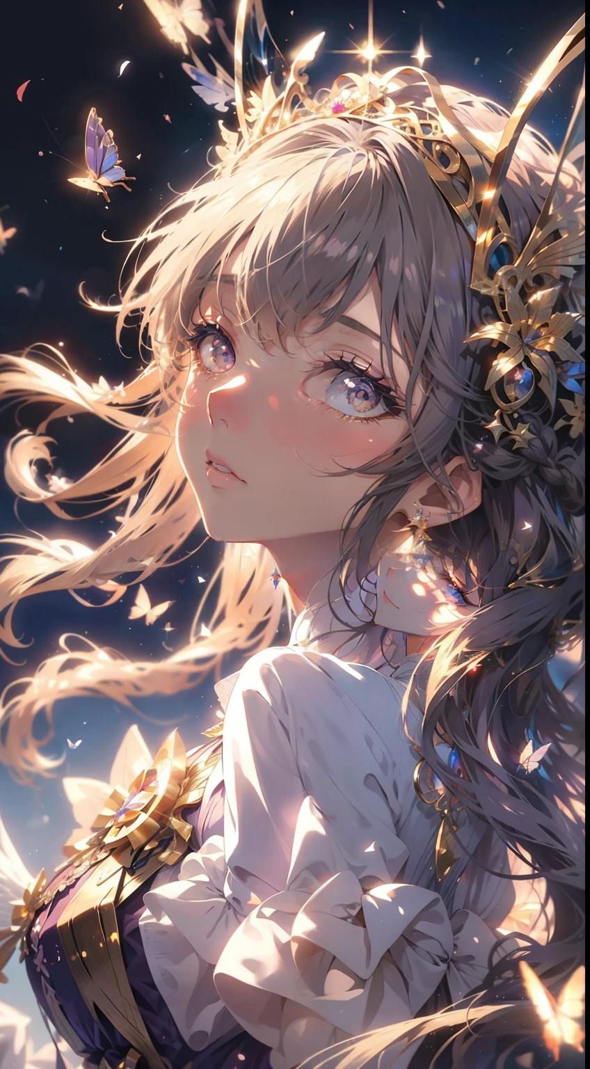 An anime girl in a purple dress,butterflys,astral fairy,Anime fantasy illustration,Ethereal fantasy,Anime fantasy artwork,Fantasy art style,ethereal essence,fae priestess,((a beautiful fantasy empress)),of ethereal fantasy,astral ethereal,beautiful fantasy anime,a stunning young ethereal figure,a beautiful fantasy empress,Hyper-Resolution,accuracy,detail render,(Delicate facial portrayal)(Fine hair portrayal)(highest quality)(Master masterpieces)(High degree of completion)(a sense of atmosphere)tmasterpiece,ultra - detailed(half-body portrait)Anime style