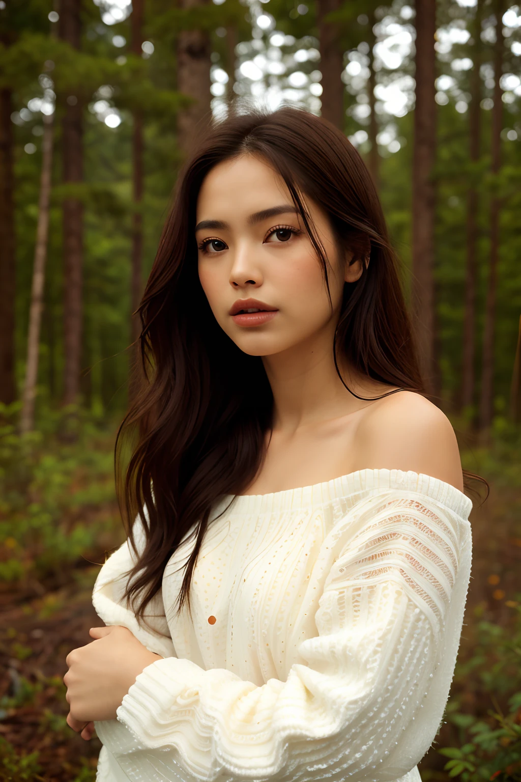 full body, portrait of beautiful women, looking over spruce forest, moody portrait, striking features, beauty, intricate details, dramatic composition, tension, wispy hair, contrast, texture, realism, high-quality rendering, stunning art, high quality, film grain, Fujifilm XT3, acne, blemishes, detailed skin, freckled