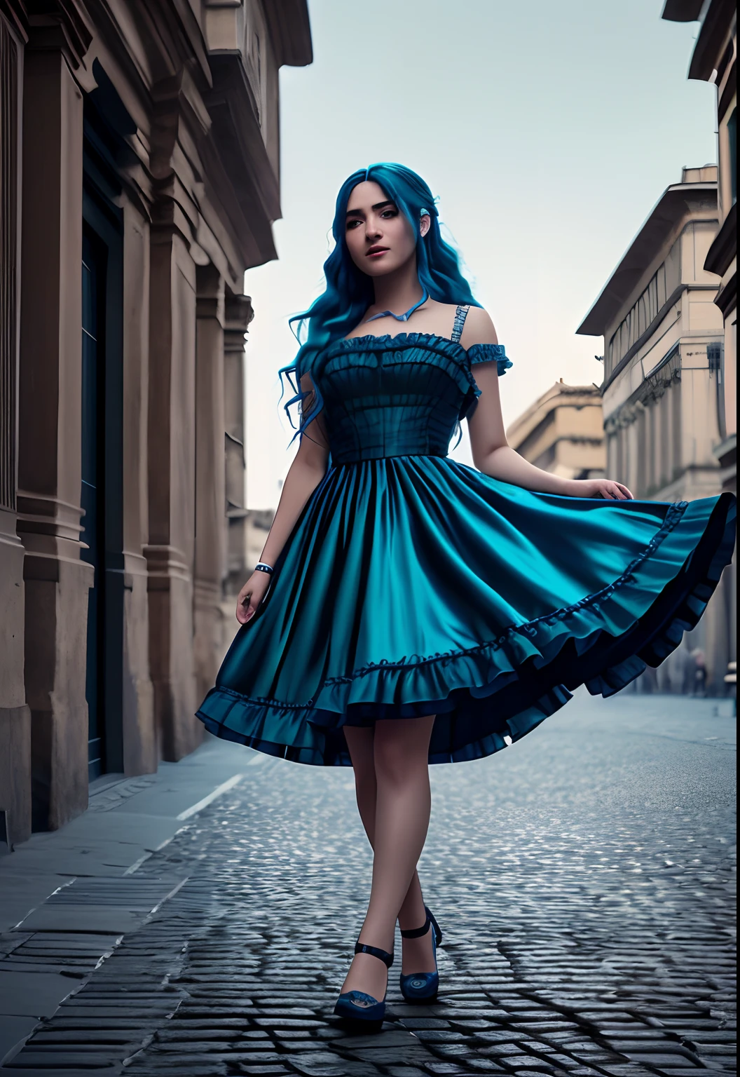 Ultra Hyper Realistic Full Body Photo of Lonely Italian Woman, full - body, 36 I, beatiful face, Posing, Smile, Long black hair, wavy hair, fluttering in the wind, Cinematic, fine details, 8K, Dark shot, soft volumetric lights, Backlit, Cinematic, intricate details, ArtStation cell shading, Digital Art, bloom, dark and gloomy full body 8k unity render, Teenage female, blue hair, in a light silk dress, porcelain cracked skin, pores skin, detailed intricate iris, very dark lighting, heavy shadows, The Wind Is Blowing, Detailed, Detailed Face, (Vibrants, dramatic, Dark, sharp-focus, 8K) standing in Rome