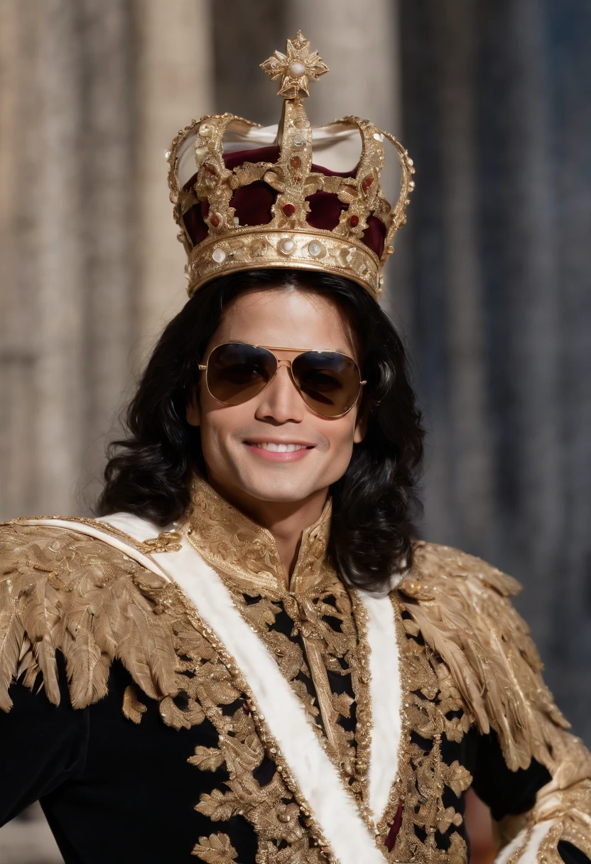 AN ANGEL MICHAEL JACKSON WEARING A ROYAL CROWN AND HIS SUNGLASSES AND HE'S SMILING, ARTE DIGITAL.