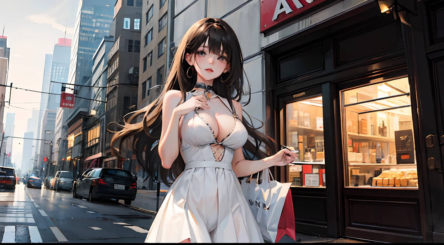 sexy girl, cute cloths, out shopping, long hair, long curly hair, cleavage showing, romantic, seductive, standing up, hands behind back, absurdres, high res, ultrasharp, 8K, masterpiece, looking at viewer