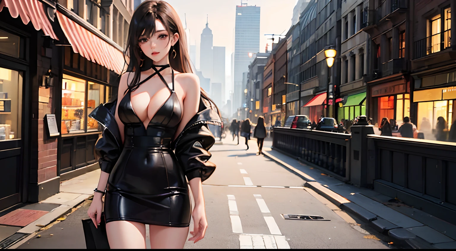sexy girl, casual cloths, tight outfit, out shopping, long hair, long curly hair, cleavage showing, romantic, seductive, standing up, hands behind back, absurdres, high res, ultrasharp, 8K, masterpiece, looking at viewer