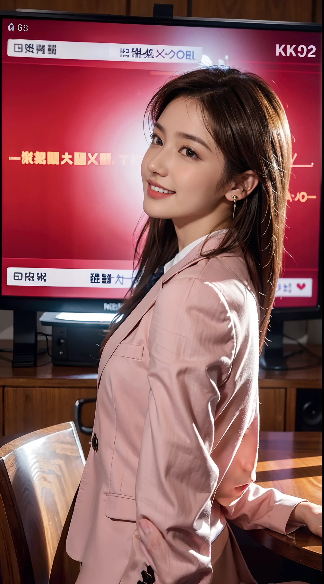 8K,masterpiece,best quality,TV programs, news programs, presenters in the host broadcast news, broadcast halls, sitting upright on the chair behind the table,The table is in front of the girl,There are instruments and equipment on site, large screen,microphone on the table,A girl,Extremely detailed facial details,long brown straight hair, Wearing earphone in one ear,smile,happy,pink blazer and skirt set,shirt,small breasts,slim, thin,close shot,Broadcasting in progress,cowboy shot,upper body,(Side face:1.5),passport photo,Portrait,(from side:1.5),Bright light,