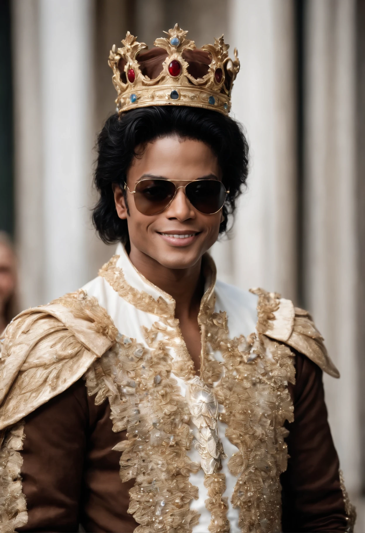 AN ANGEL MICHAEL JACKSON WEARING A ROYAL CROWN AND HIS SUNGLASSES AND HE'S SMILING, ARTE DIGITAL.