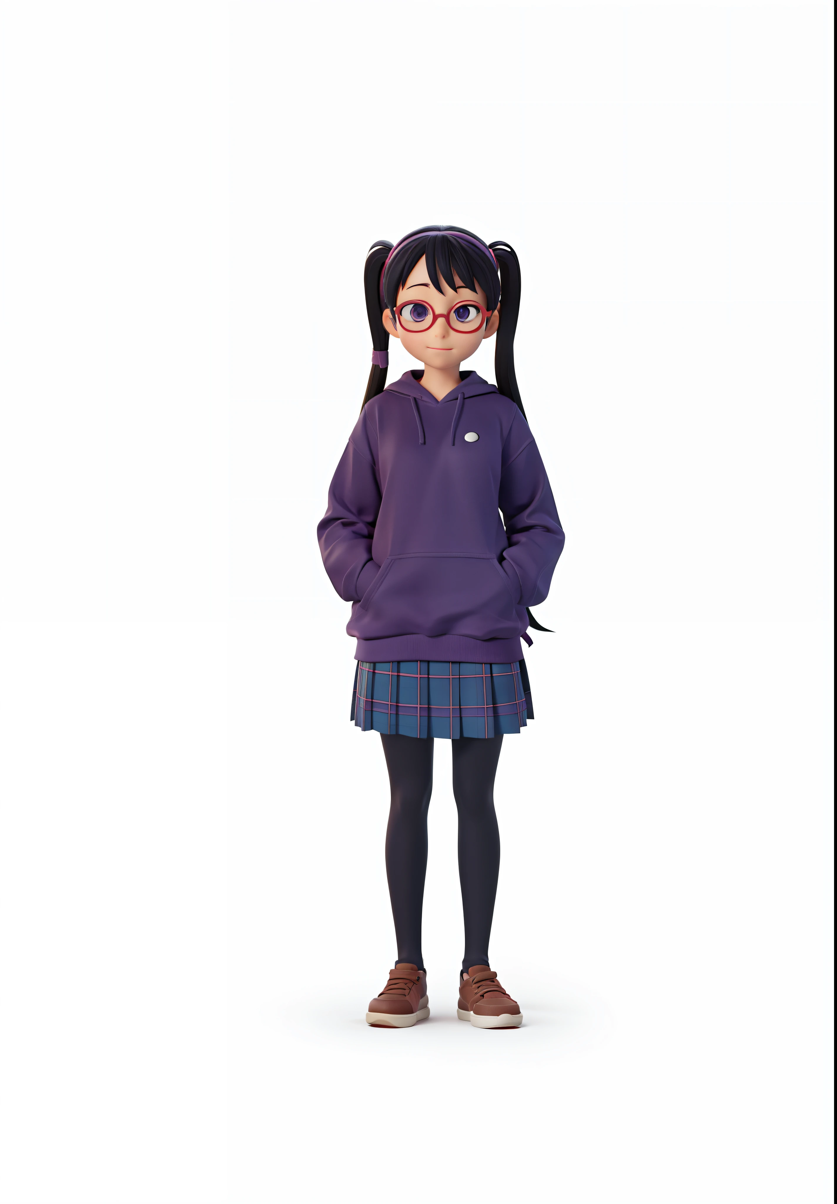 anime character with glasses and a purple shirt and plaid skirt, anime visual of a cute girl, nagatoro, full_body!!, anime visual of a young woman, official anime still, anime full body illustration, anime moe artstyle, hinata hyuga, single character full body, full body!!, official studio anime still, anime best girl, 3d render, 3d cartoon, octane render,
