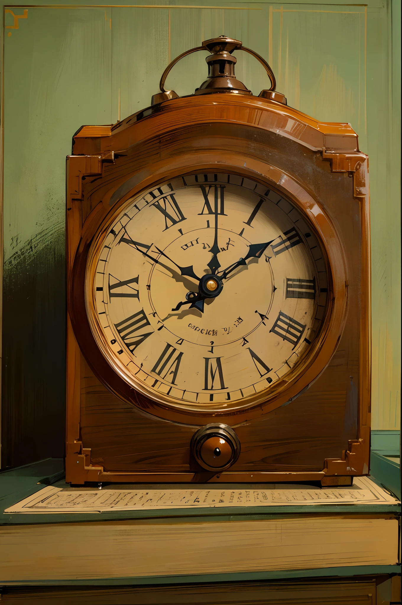 a pocket clock ontop of a closed book, vintage, cozy, range light, dark academia, on a table. in a cozy room, dim orange light