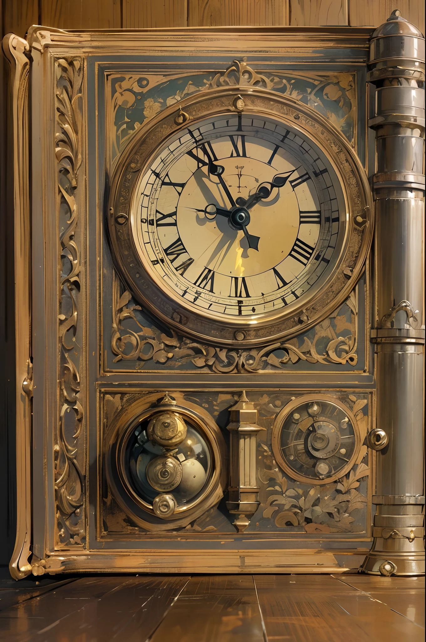 a hand clock ontop of a closed book, vintage, cozy, range light, dark academia, on a table.