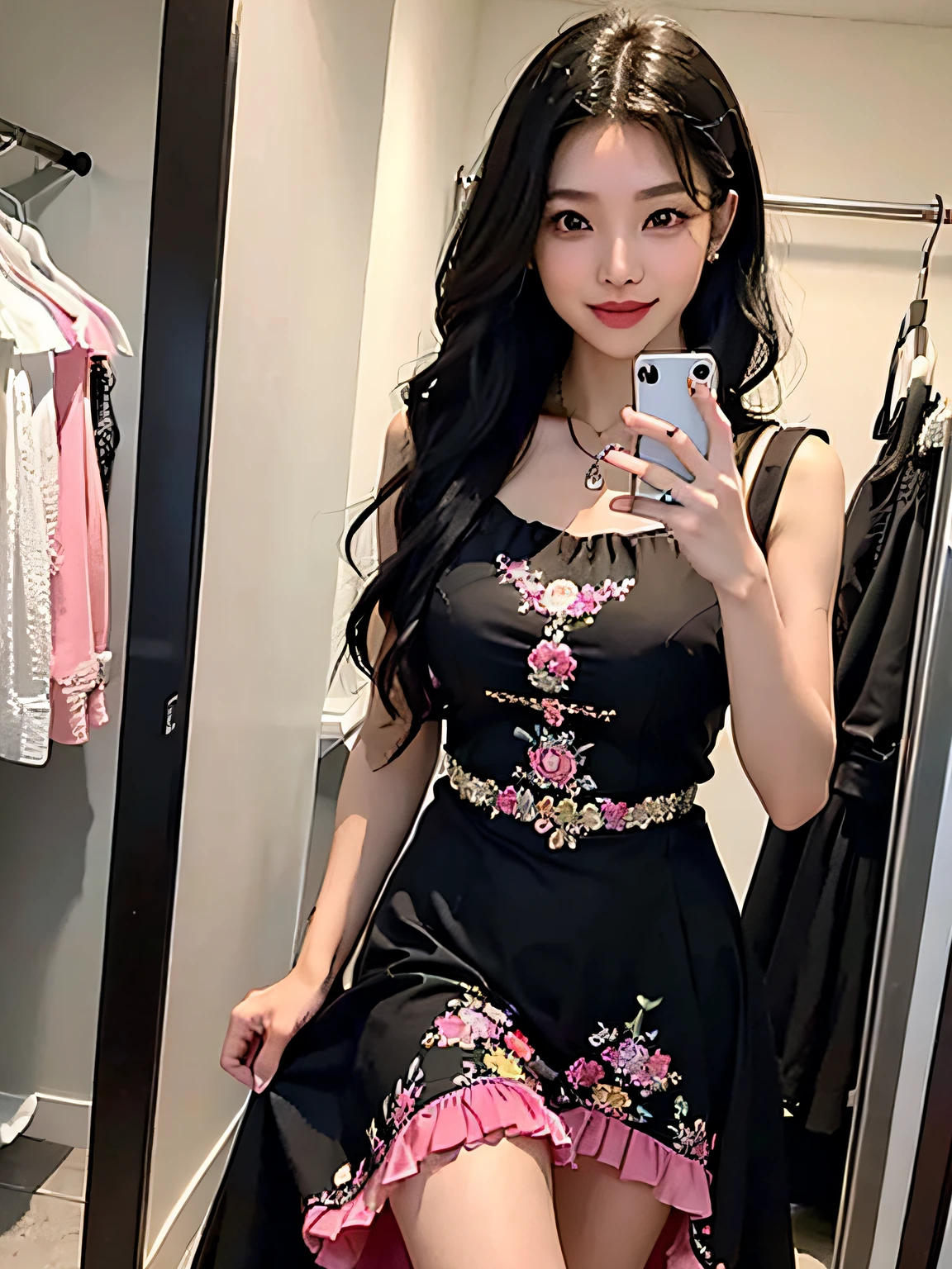 (((briana junko))), long black hair, (trying on fashionable summer dress), ((taking selfie in fitting room)), smiling, vivid and vibrant colours