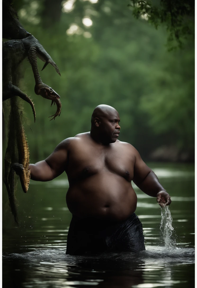 Realistic flash photography of an extremely obese, bald, shirtless black man throwing alligators in a swamp at night