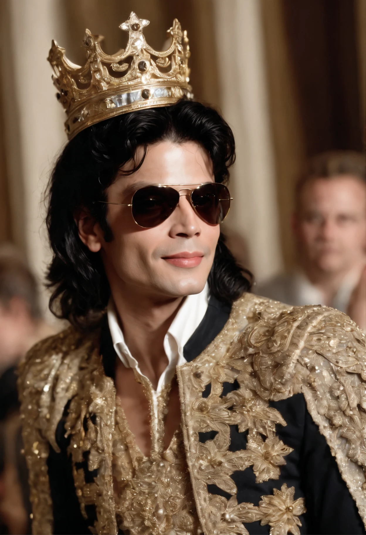AN ANGEL MICHAEL JACKSON WEARING A ROYAL CROWN AND HIS SUNGLASSES AND HE'S SMILING, ARTE DIGITAL.