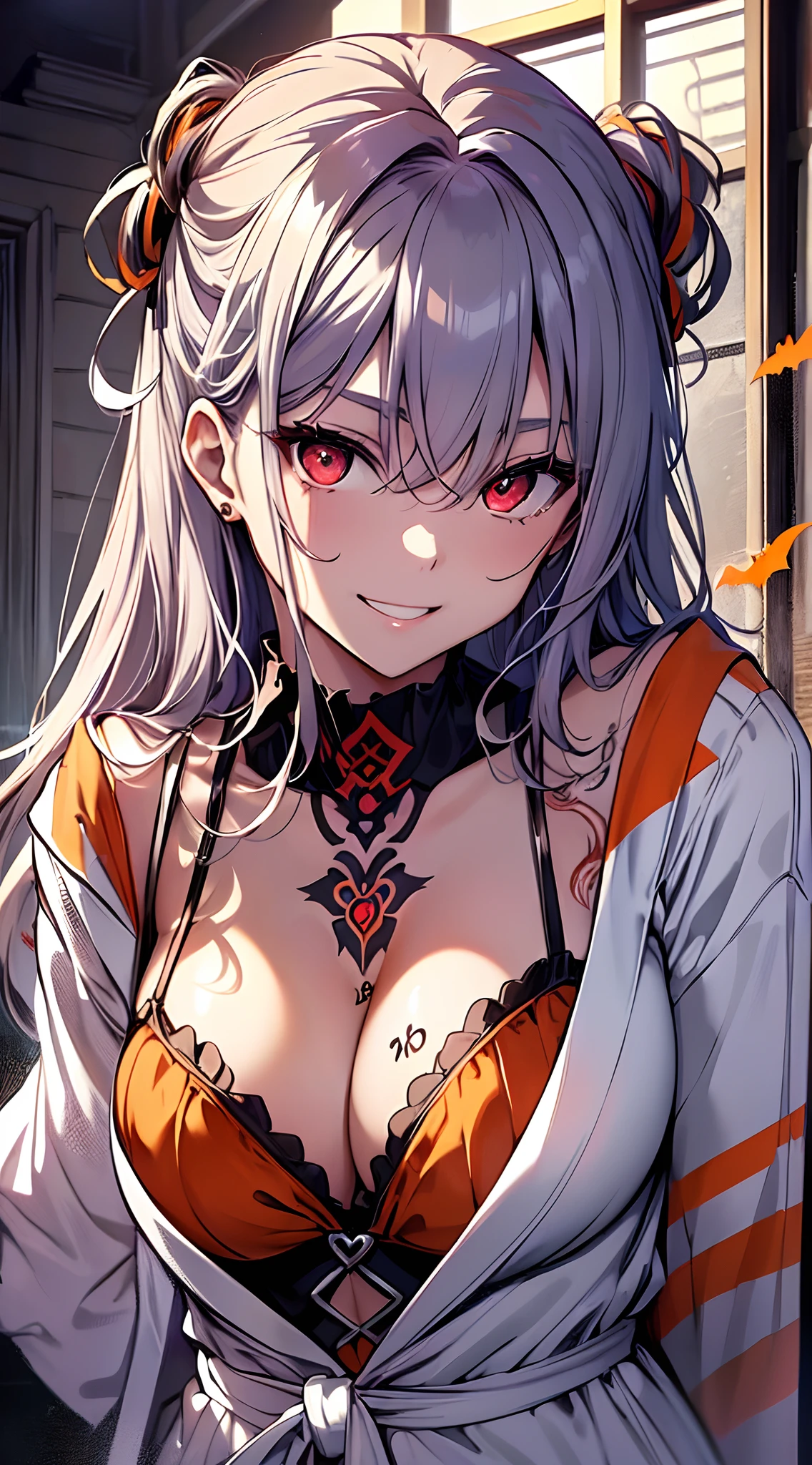 top-quality、Top image quality、in 8K,4K,​masterpiece、(NSFW:1.1)、ultra-detailliert、Beautiful、ultra-quality、adult-like、Cool、girl with(((18year old、Halloween Costumes、bath robe:1.3、Bust 78、silber hair、straight haired、Red Eyes、erotick:1.4、Emphasizes cleavage、Happiness、The tattoo)))、hiquality、visualart、Background with((Halloween 1.3))、masutepiece