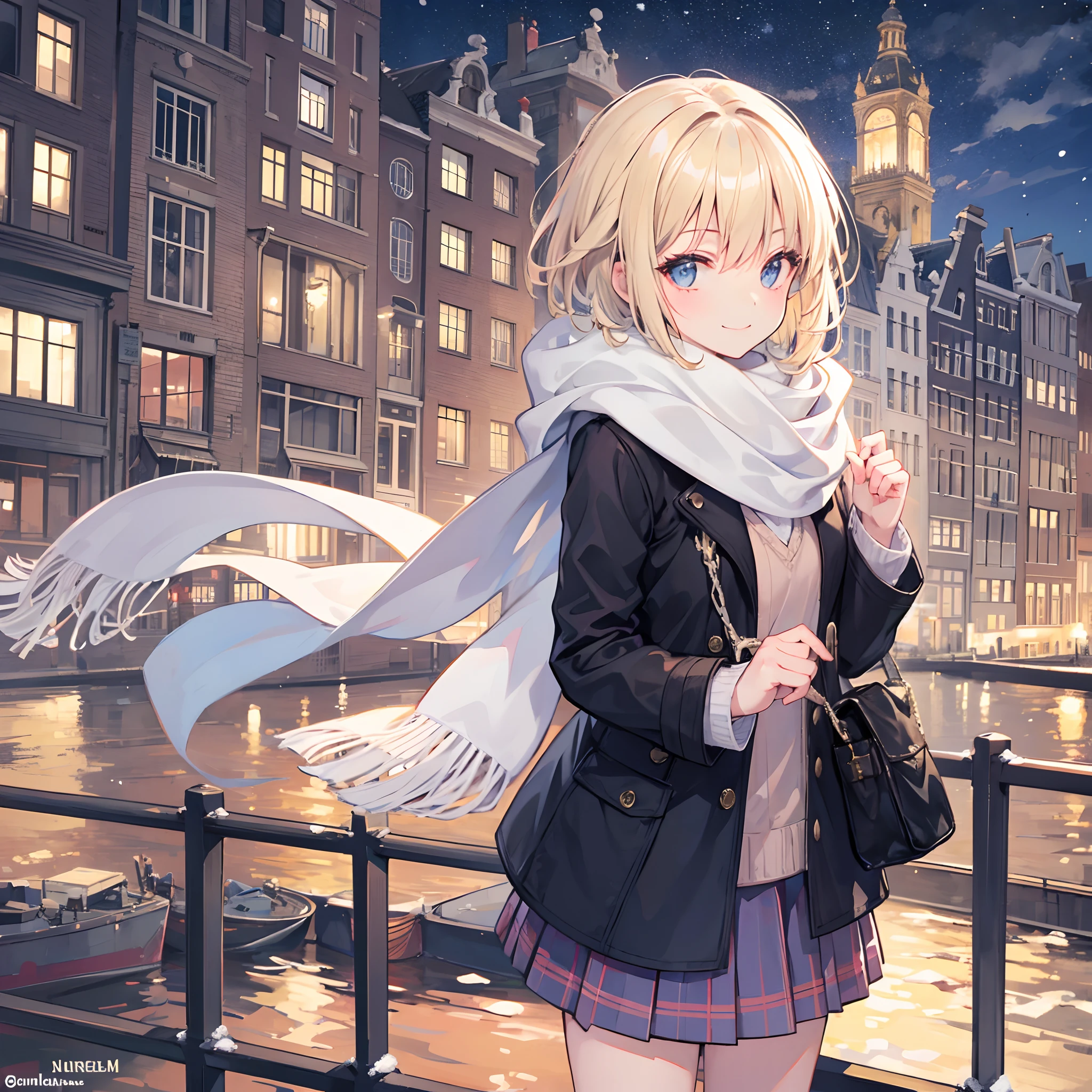1 girl, smiling, european, winter coat, scarf, skirt, (small) chillerism, short blonde hair, Amsterdam