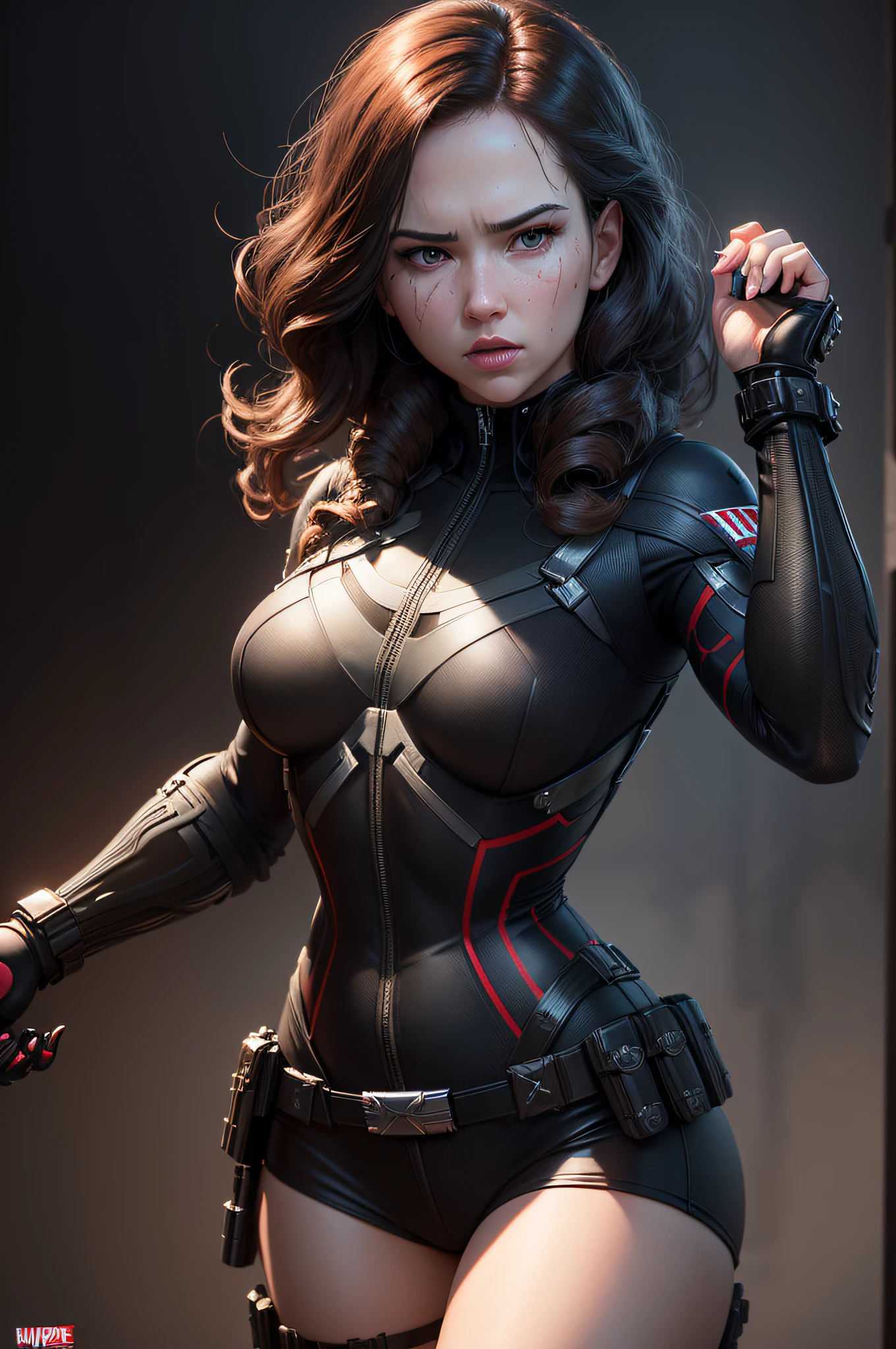 1girl, Black widow, punisher (masterpiece, best quality), (perfect hands), (Hyper realistic:1.6), ((detailed face)), ((award-winning)), (Sharp,) (8k resolution,) (Cinematic lighting),