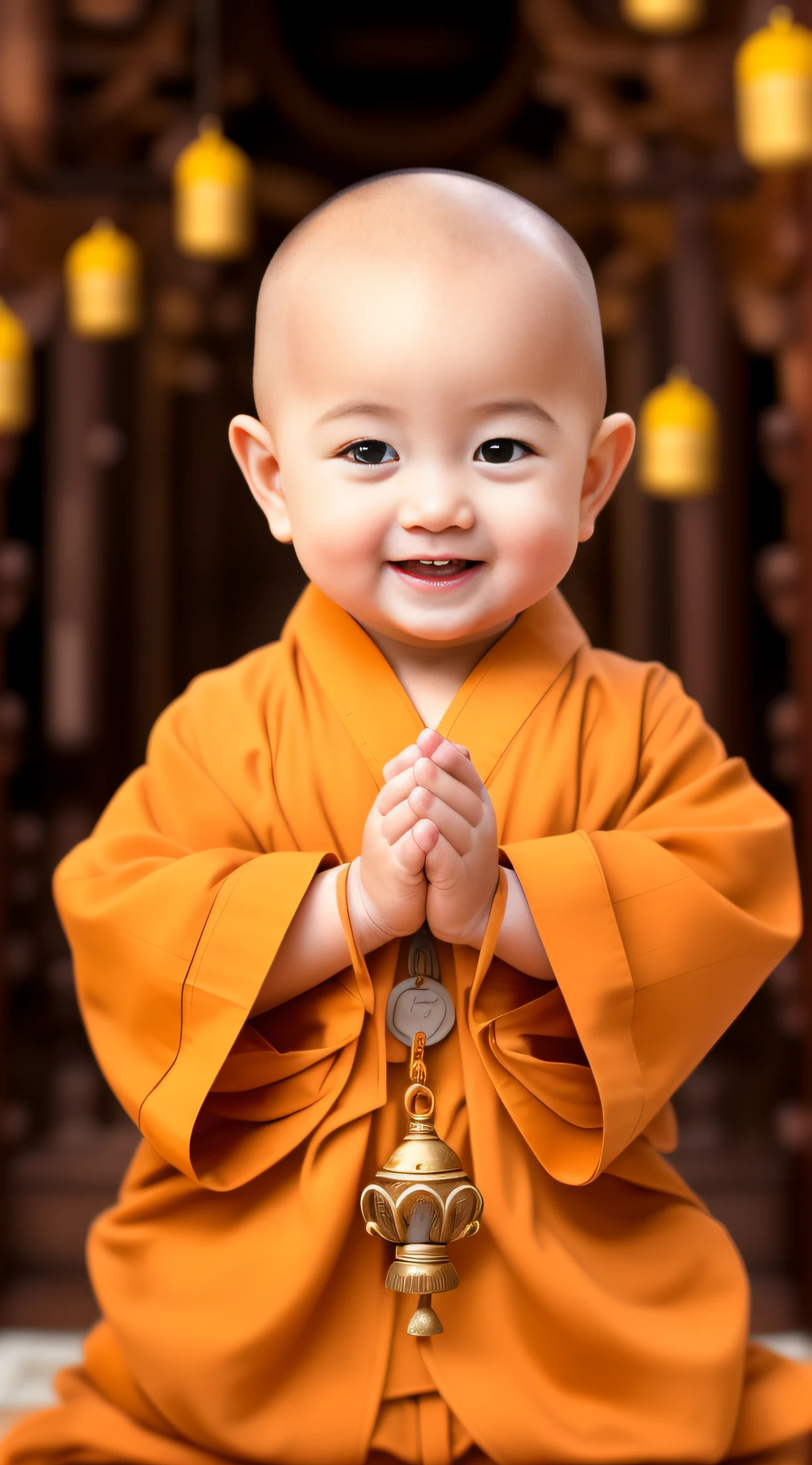 Close-up of a  in a monk's robe with a bell, he is greeting you warmly, monk clothes, With a happy expression, happy and spirited expression, he is happy, blessing hand, buddhist monk, he is happy, Buddhist, lovely digital painting, Happy kidsnk, cute cute, Happy expression, expressing joy, profile picture 1024px