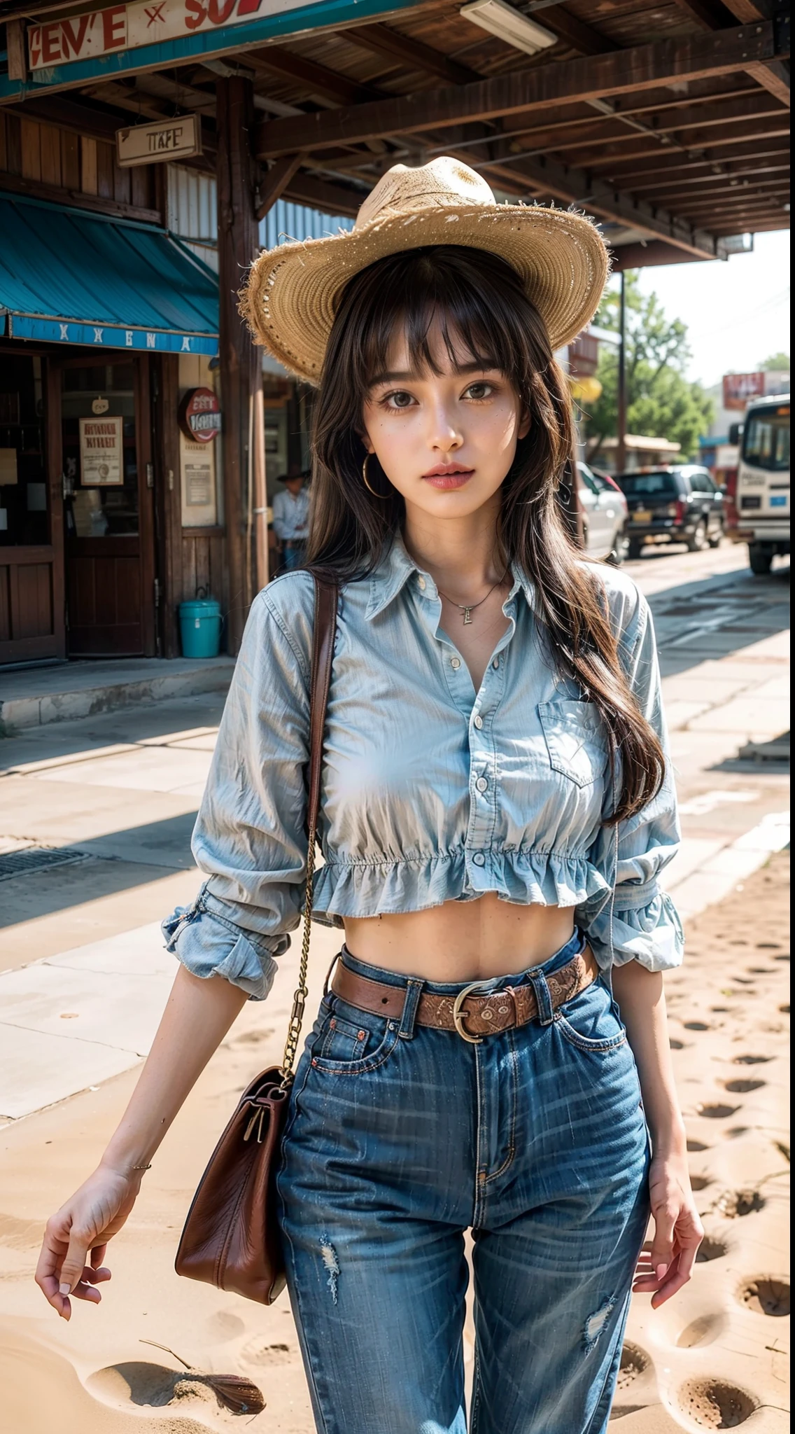 Cowboy fashion, vibrant texas scene, groovy style, nostalgic ambiance, energetic grave floor:0.2 groovy image of a women cowboy an 80s outfit, immersed in the vibrant atmosphere of a texas. His attire reflects the fashion trends of the era, soft patterns. The cowboy scene is alive with dust, a lively texas sand, and cowboy moving to the rhythm of the bate. The nostalgic ambiance transports viewers back to the vibrant and energetic era of the 80s, capturing the spirit of fun, freedom, and self-expression that defined the cowboy culture, black long hair with bangs, midshot, centered image, ultra detail, extremely face detail, extremely eye detail, a girl, small 