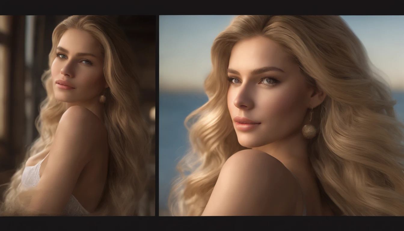 Gorgeous woman with very long wavy blonde hair, Delicate and seductive eyes, Long sexy legs, Woman in white tank top and ripped jeans, Abundant and voluminous blonde hair, ((Detailed facial features)), (fine detailed skin), pale-skin, Realistic Skin Textures, Extreme skin details, (Pores:0.1), best quality masterpiece, Photorealistic, A hyper-realistic, detailed, 8K, HDR, (Soft color: 1.2), shallow depth of field, wide light, High contrast, Back lighting, Bloom, Twinkling light, chromatic aberration, Sharp focus, RAW color photos, seaside, waves