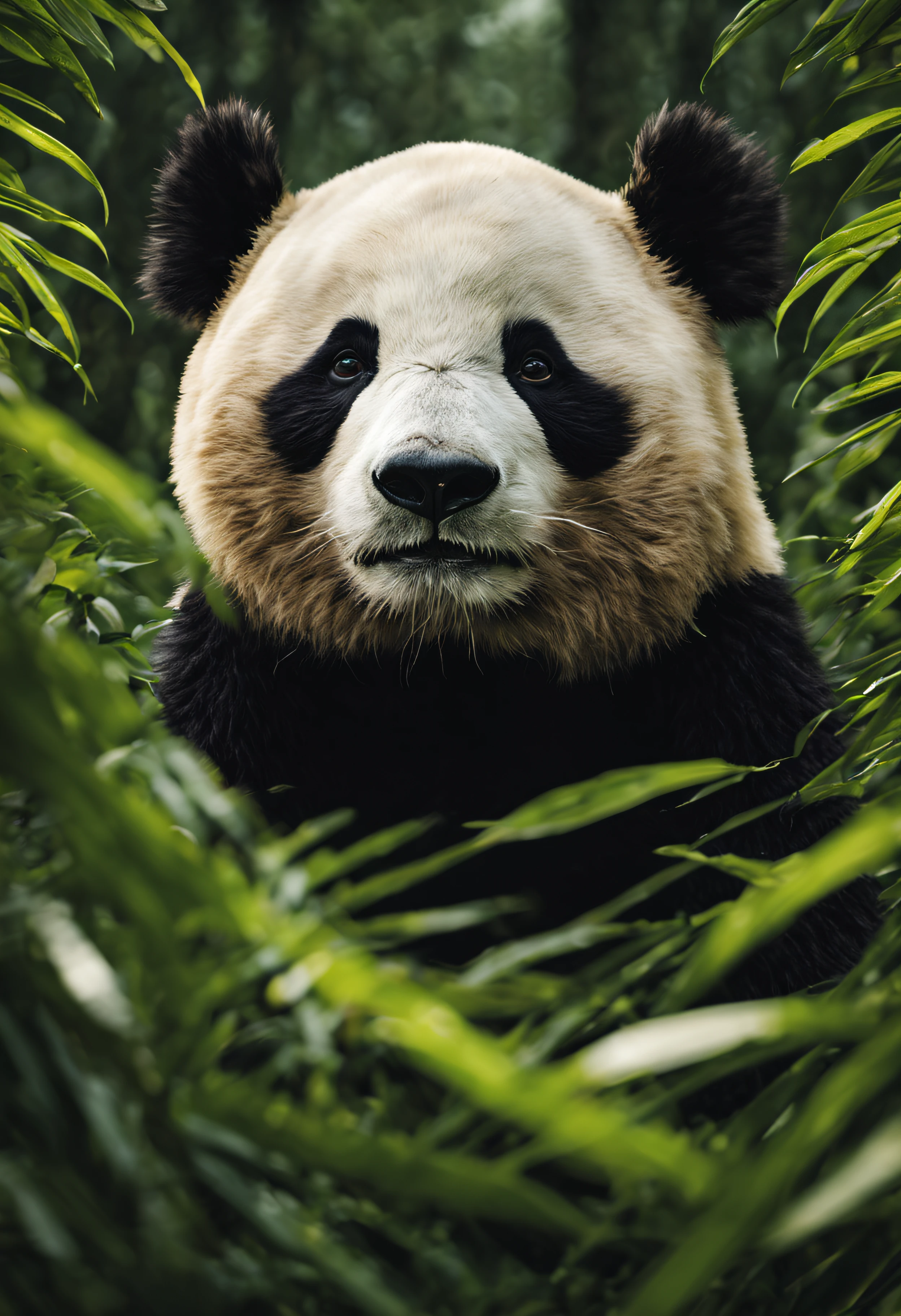 High nation-geographic symmetrical close-up portrait shoot in green jungle of an expressive panda Animal , anamorphic lens, ultra-realistic, hyper-detailed, green-core, jungle-core –ar 16:9 –q 2 –v 5