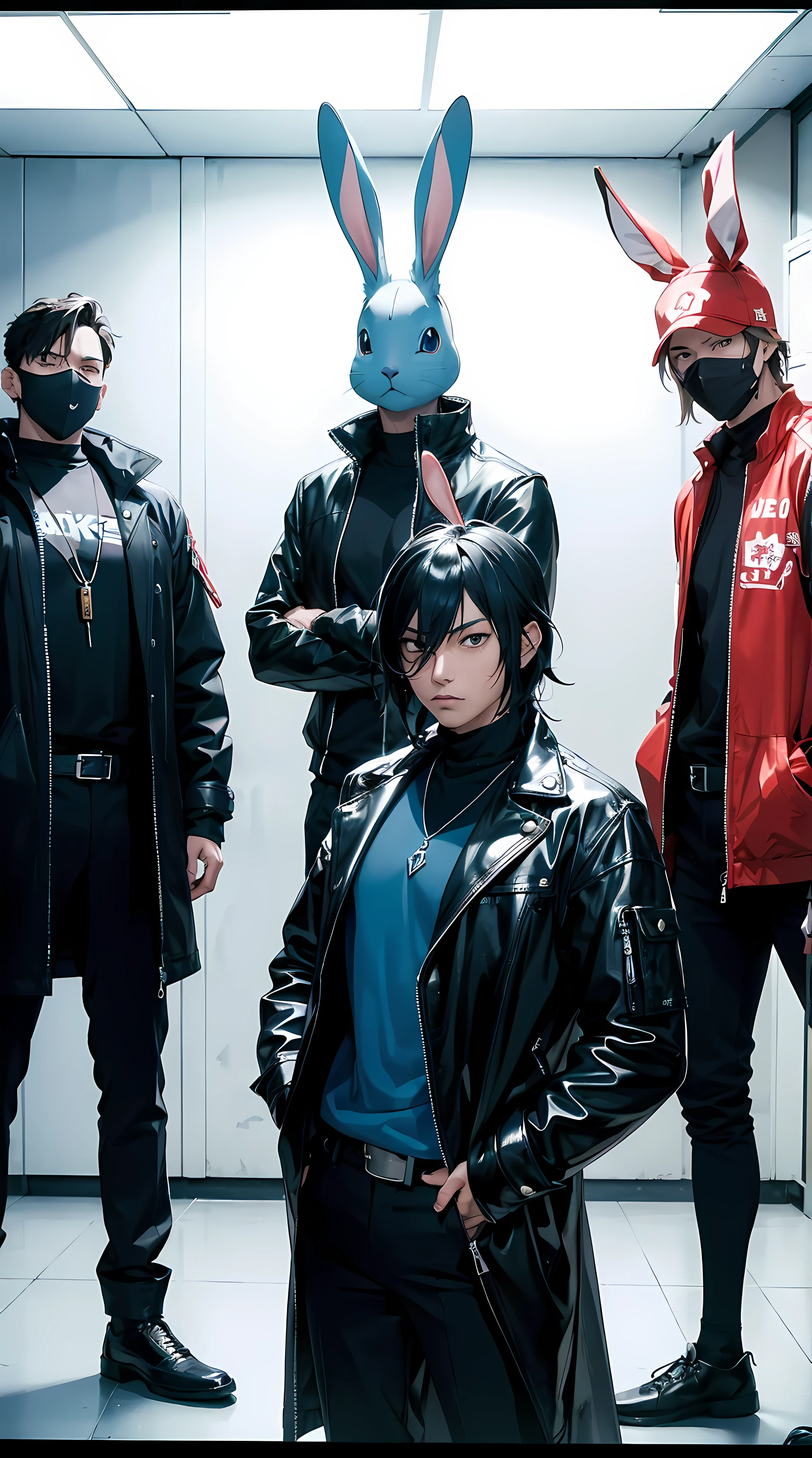 (((male characters))), three handsome strong rugged shonen anime men and one blue rabbit, the rabbit is a character, (((uncluttered))), clean lines, clean simple production cel art, (((80s cel anime aesthetic))), (((90s cel anime aesthetic))), three occult investigators, brown-haired van helsing man in black leather trenchcoat and black fedora with a magic blue rabbit sitting on shoulder on the left, (((Cute blue rabbit on shoulder))), a rugged strong black-cloaked assassin man in the middle (((dangerous strong assassin man))), a black-clad ninja man on the right (((powerful ninja man))), three men dressed in black leather and masks standing in a room, modern cyberpunk anime, digital cyberpunk anime art, anime cyberpunk art, style of ghibli, mashirow and tezuka, occult cyberpunk anime art, anime cyberpunk, digital cyberpunk anime!!, official fanart, digital cyberpunk - anime art, cyberpunk, there are three people dressed up in crimefighting outfits standing in a room, 1 9 8 0's, 1980's, vigilantes, 35mm 1990, 1990's, 1 9 9 0's