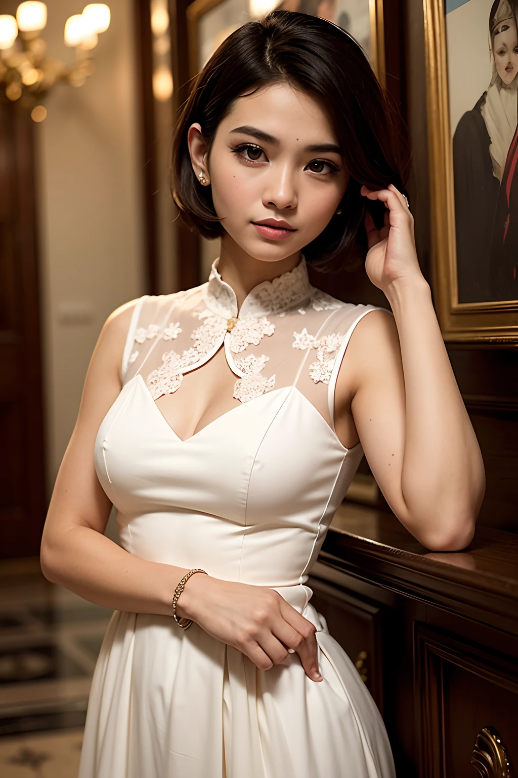Design a vibrant and colorful portrait where the Malay woman dons traditional Malay attire, very short white pixie cut hair, striking a pose that combines grace and modernity while celebrating her cultural heritage