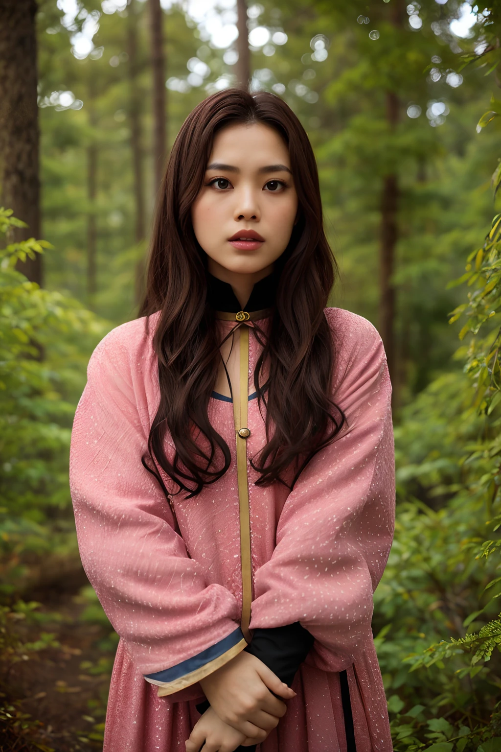 full body, portrait of beautiful malay women, wearing medieval outfit, looking over spruce forest, moody portrait, striking features, beauty, intricate details, dramatic composition, tension, wispy hair, contrast, texture, realism, high-quality rendering, stunning art, high quality, film grain, Fujifilm XT3, acne, blemishes, detailed skin, freckled