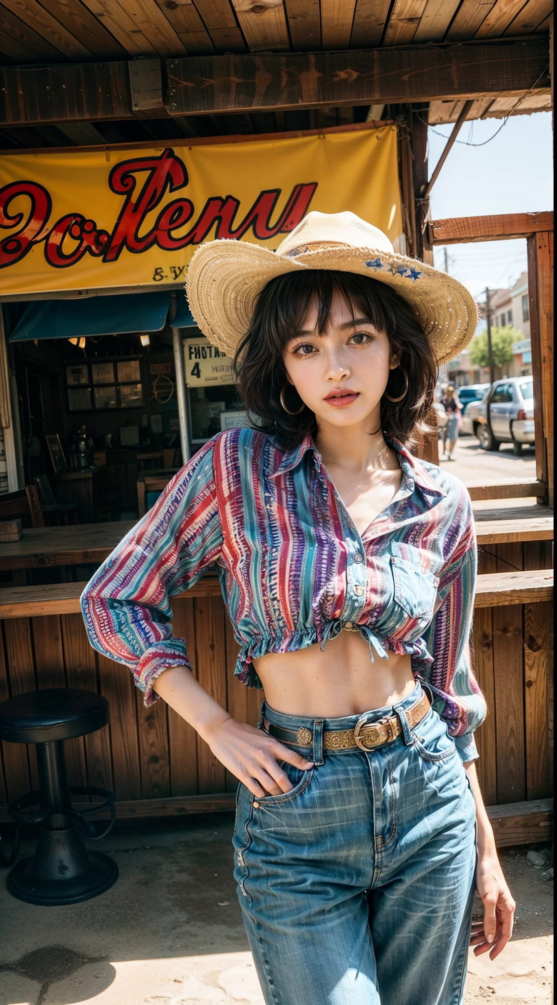 Cowboy fashion, vibrant texas scene, groovy style, nostalgic ambiance, energetic grave floor:0.2 groovy image of a women cowboy an 80s outfit, immersed in the vibrant atmosphere of a texas. His attire reflects the fashion trends of the era, soft patterns. The cowboy scene is alive with dust, a lively texas sand, and cowboy moving to the rhythm of the bate. The nostalgic ambiance transports viewers back to the vibrant and energetic era of the 80s, capturing the spirit of fun, freedom, and self-expression that defined the cowboy culture, black short hair with bangs, midshot, centered image, ultra detail, extremely face detail, extremely eye detail, a girl, small breast