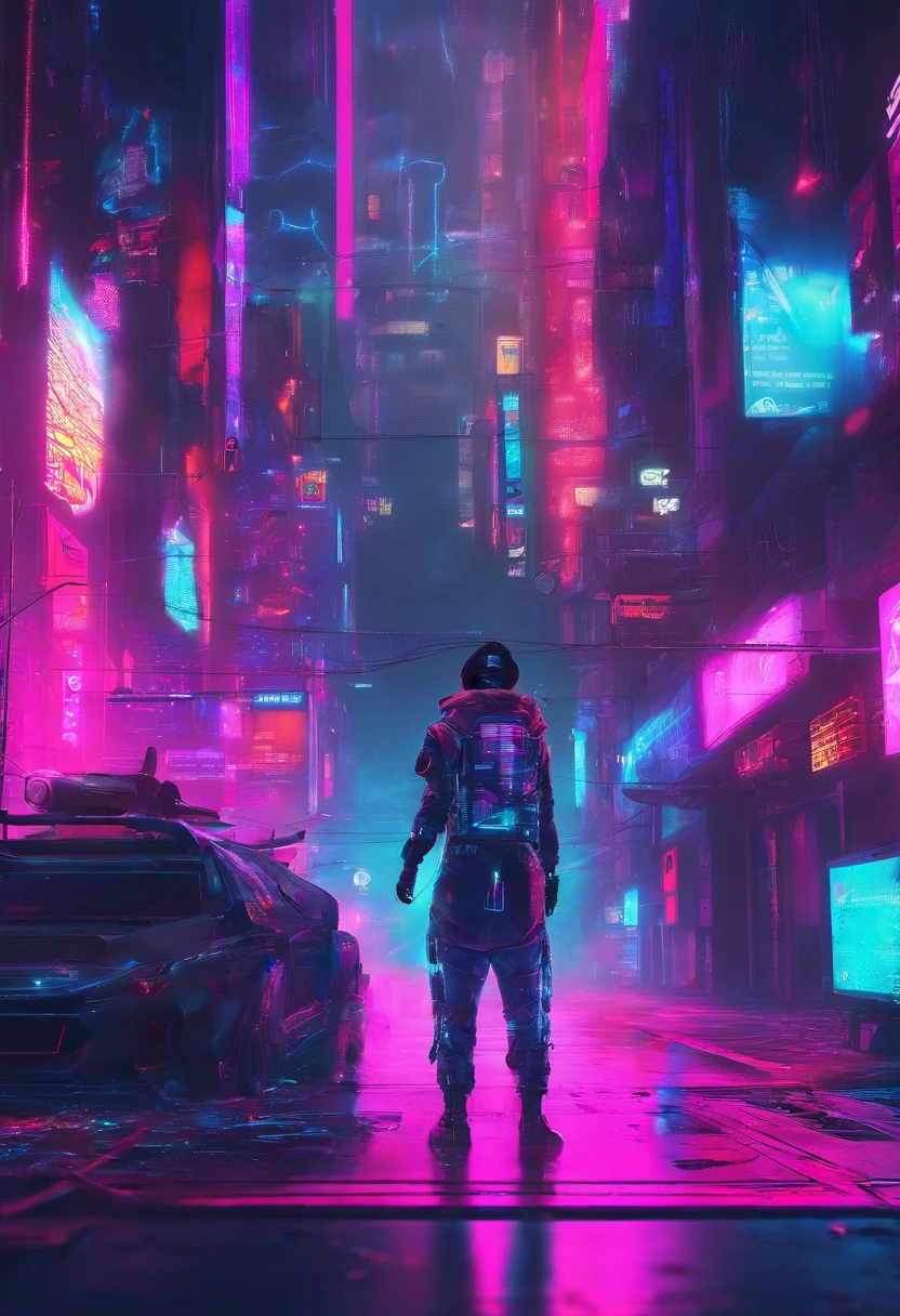 8k,qualidade de imagem fina,Fundo da rua do futuro,um menino cyberpunk,Carregue esta mochila de tecnologia futurista,A mochila tem uma luz,Future lighting camera in hand,Sombra traseira