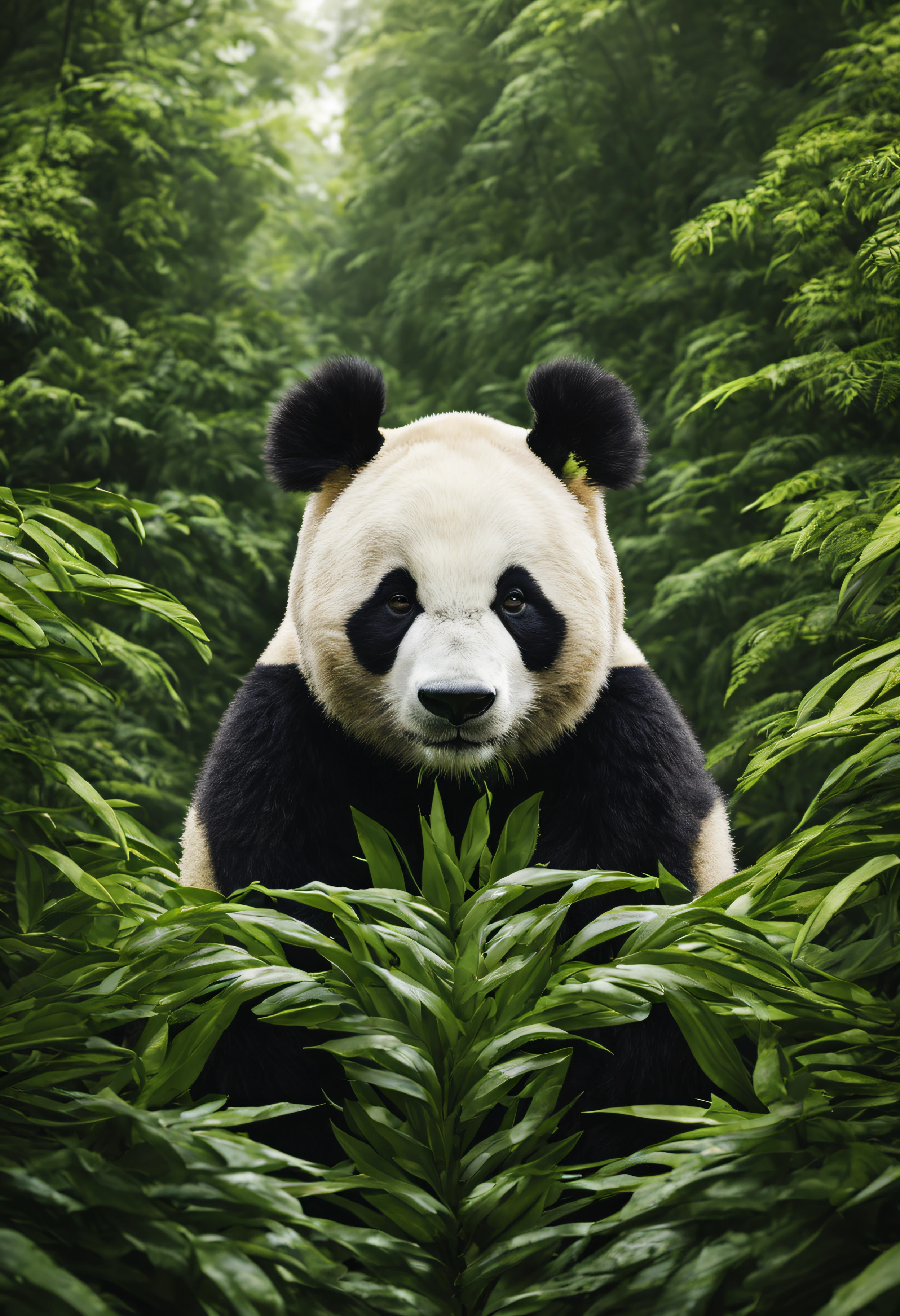 High nation-geographic symmetrical close-up portrait shoot in green jungle of an expressive panda Animal , anamorphic lens, ultra-realistic, hyper-detailed, green-core, jungle-core –ar 16:9 –q 2 –v 5