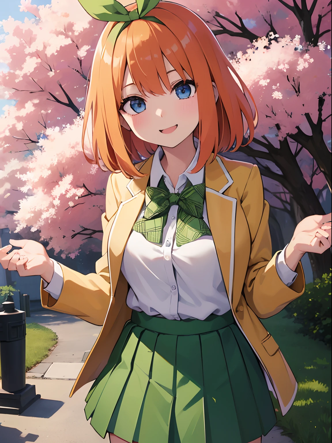 Nakano Yotsuba(The Bride of Fifths)、1girl, ​masterpiece、top-quality、NSFW, {{{vagina}}}, Marine blue eyes、orange hair, green hair bow, yellow sweater, black blazer, green skirt, cherry trees、a smile、low angle, is standing、