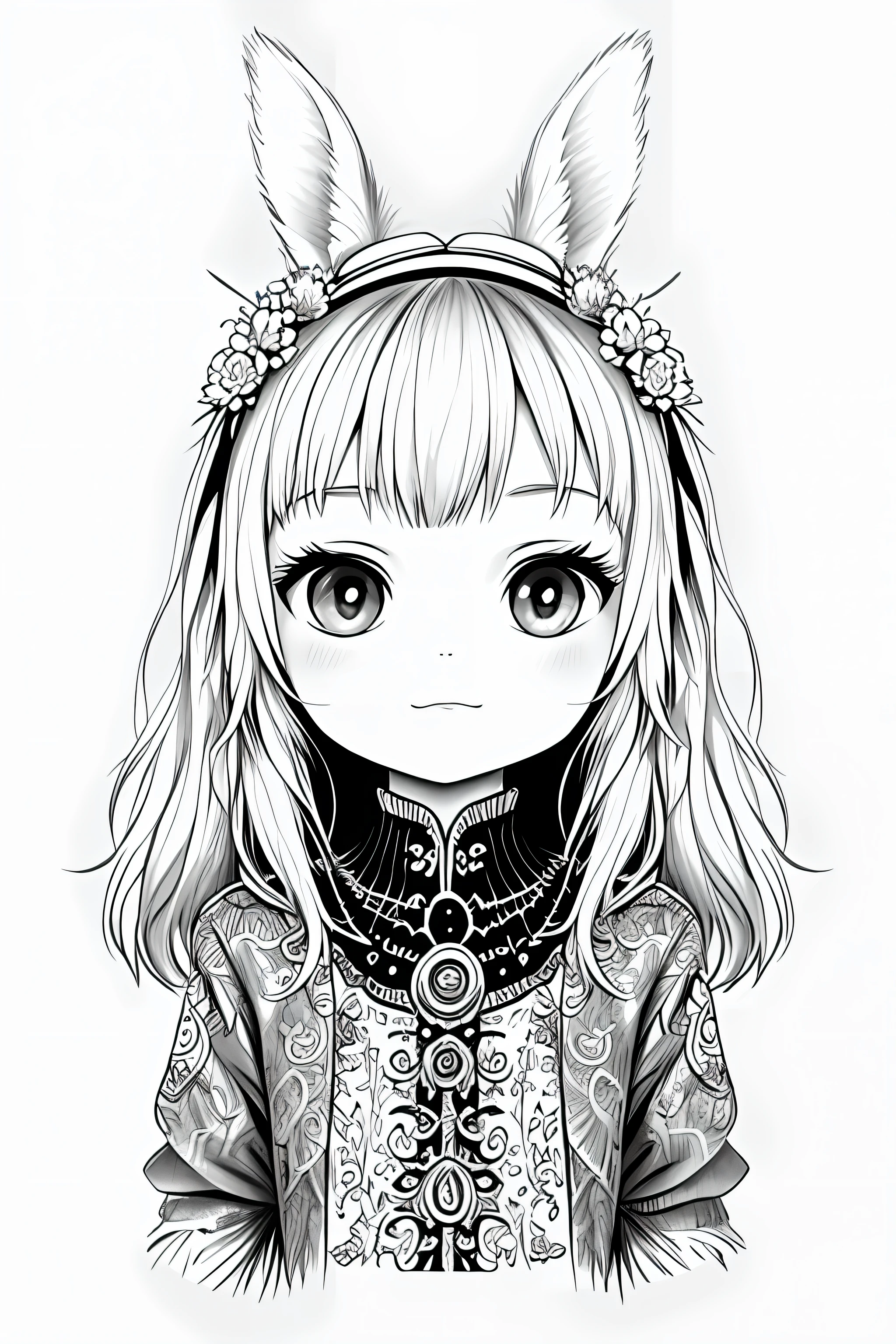 Highly detailed, coloring book style, rabbit, chinese, monochrome